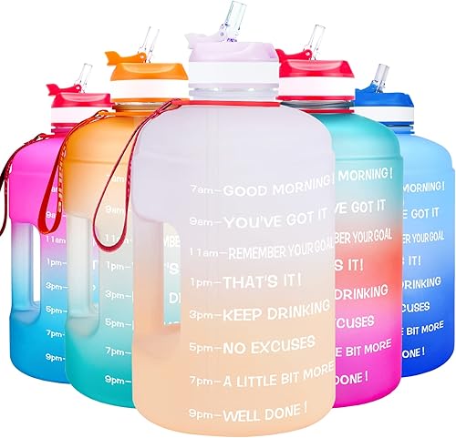 BuildLife Botella de agua motivacional de galón de boca ancha con popote y tiempo marcado para beber más diariamente, sin BPA, reutilizable,