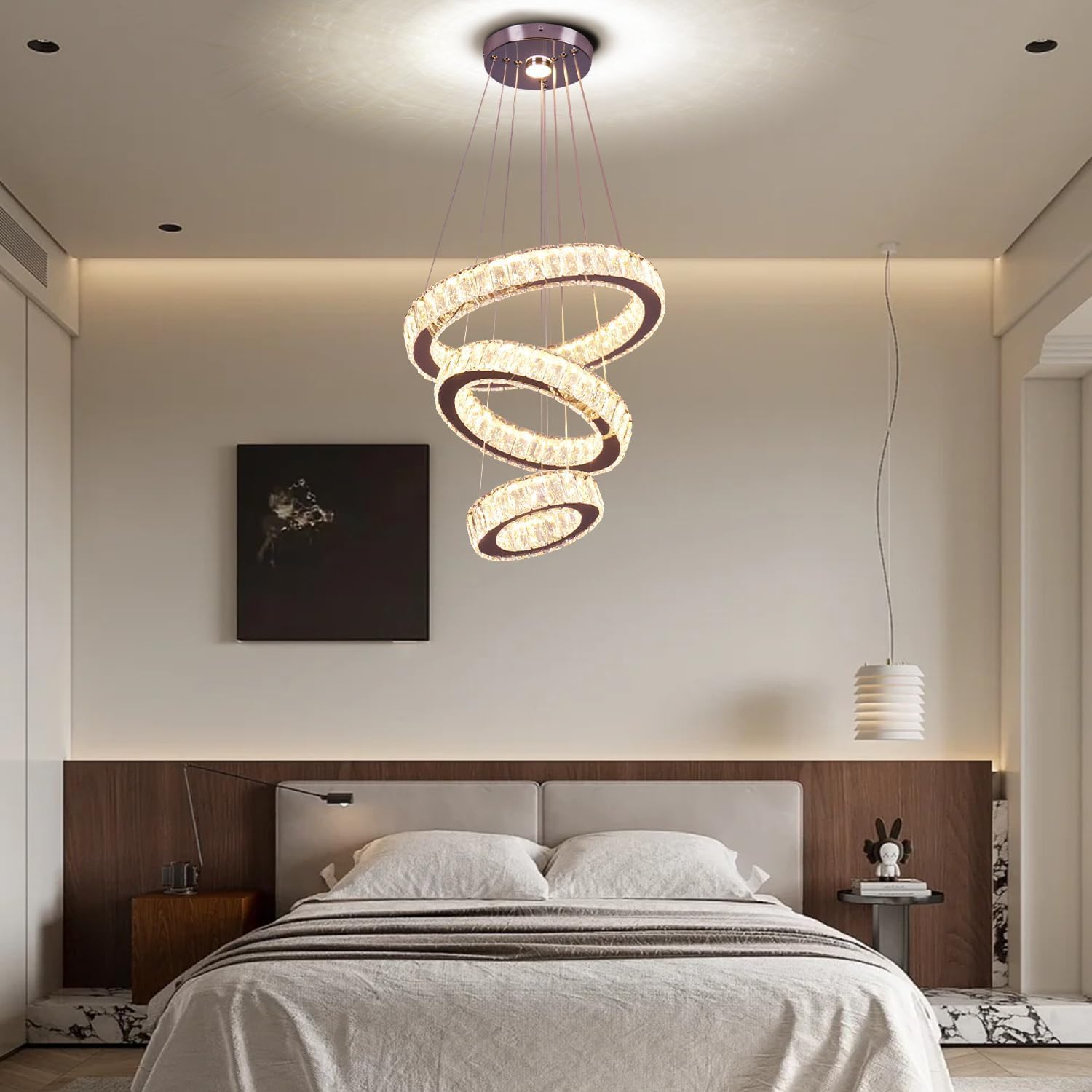 Dimmable 3 Ring Crystal Chandelier with Remote, 2500K-6500K LED Pendant Light, Adjustable Height Modern K9 Crystal Hanging Ceiling Light for Dining Room Stairwell Foyer