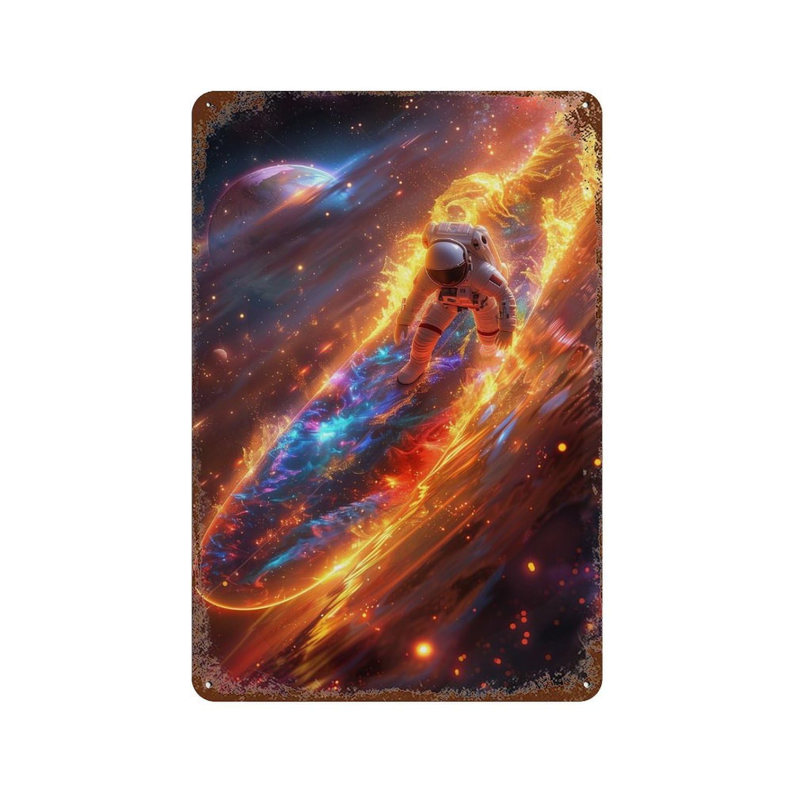 Rust Effect Space Surfer Rustic Tin Plaque 11.8"x7.9", Classic Wall Plaque for Shed, Workshop And Garage Wall Decor