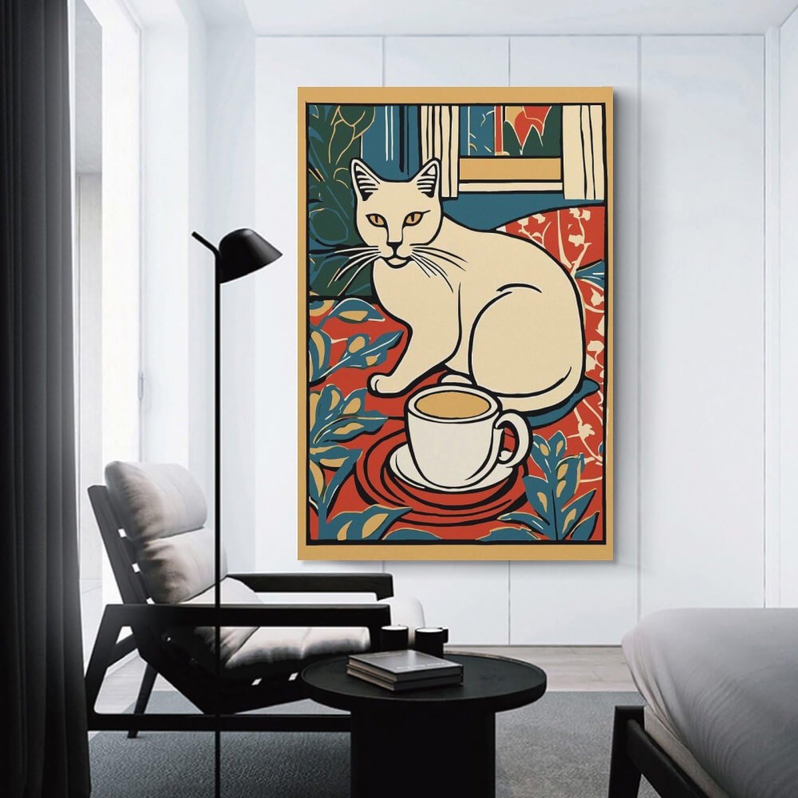 Junmoney Cat And Coffee Canvas Wall Decor, 24x36inch(60x90cm), for New Homes, Bedrooms Or Workspaces, Gift Idea for Housewarming And Birthdays