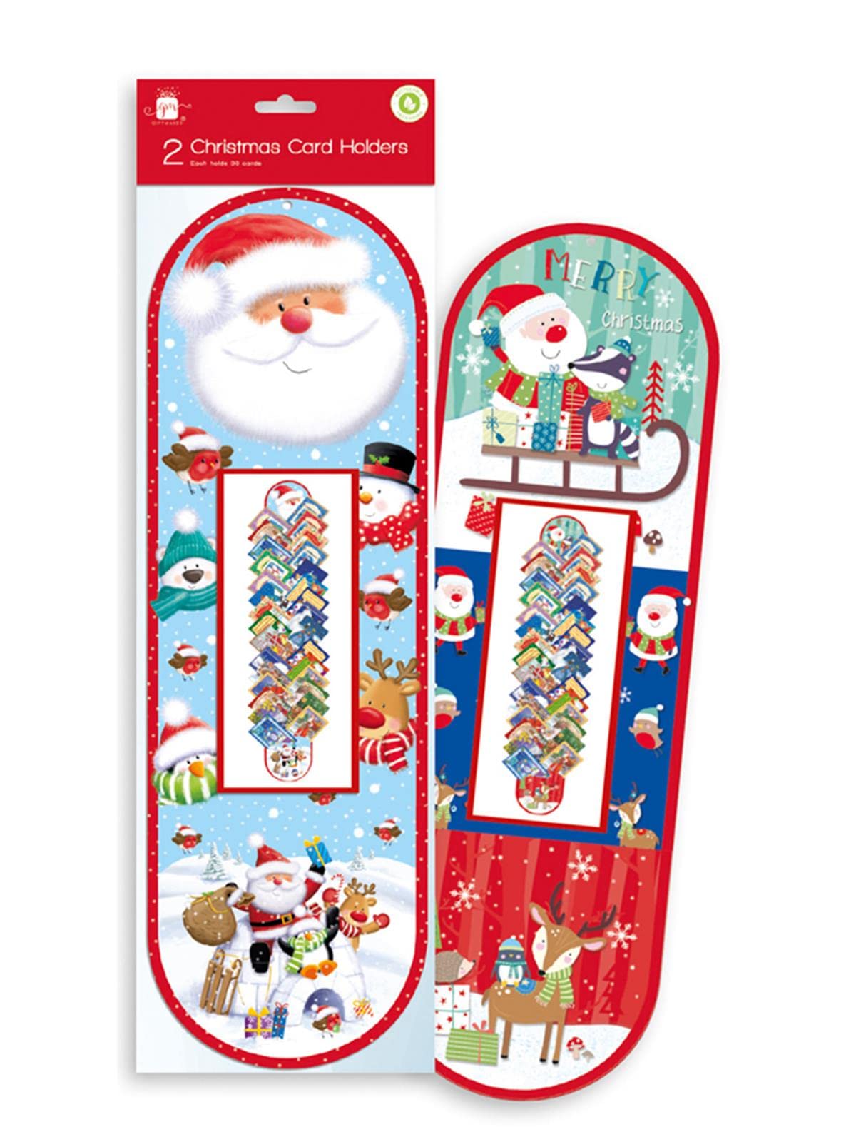 Giftmaker Pack 2 Christmas Card Holders Cartoon Cute Santa & Friends Design