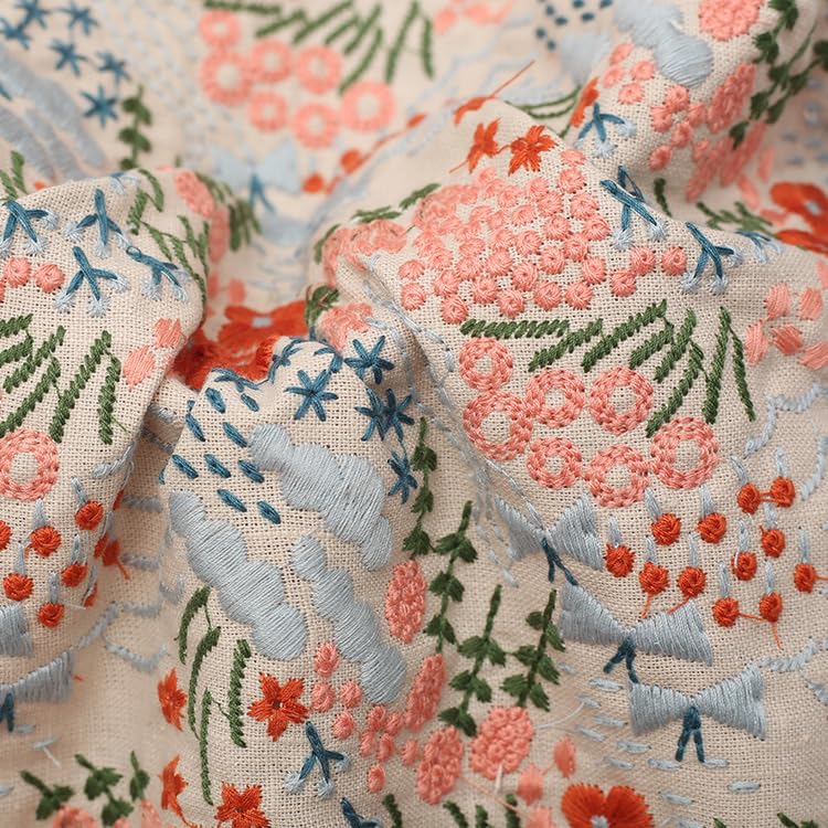 Tela Para Tapizar Tela bordada de flores lino y algodón, tejido costura for confección vestidos, ropa(Beige)