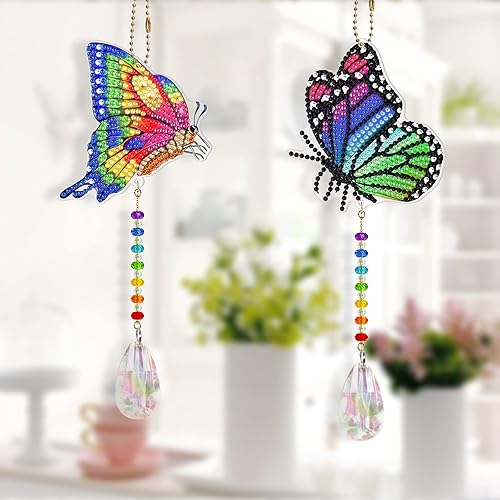 Miniatura 4 de DIY - Juego de 2 piezas de pintura de diamantes de mariposa colorida 5D para adultos, arte de diamantes de mariposa de cristal, adorno colgante para