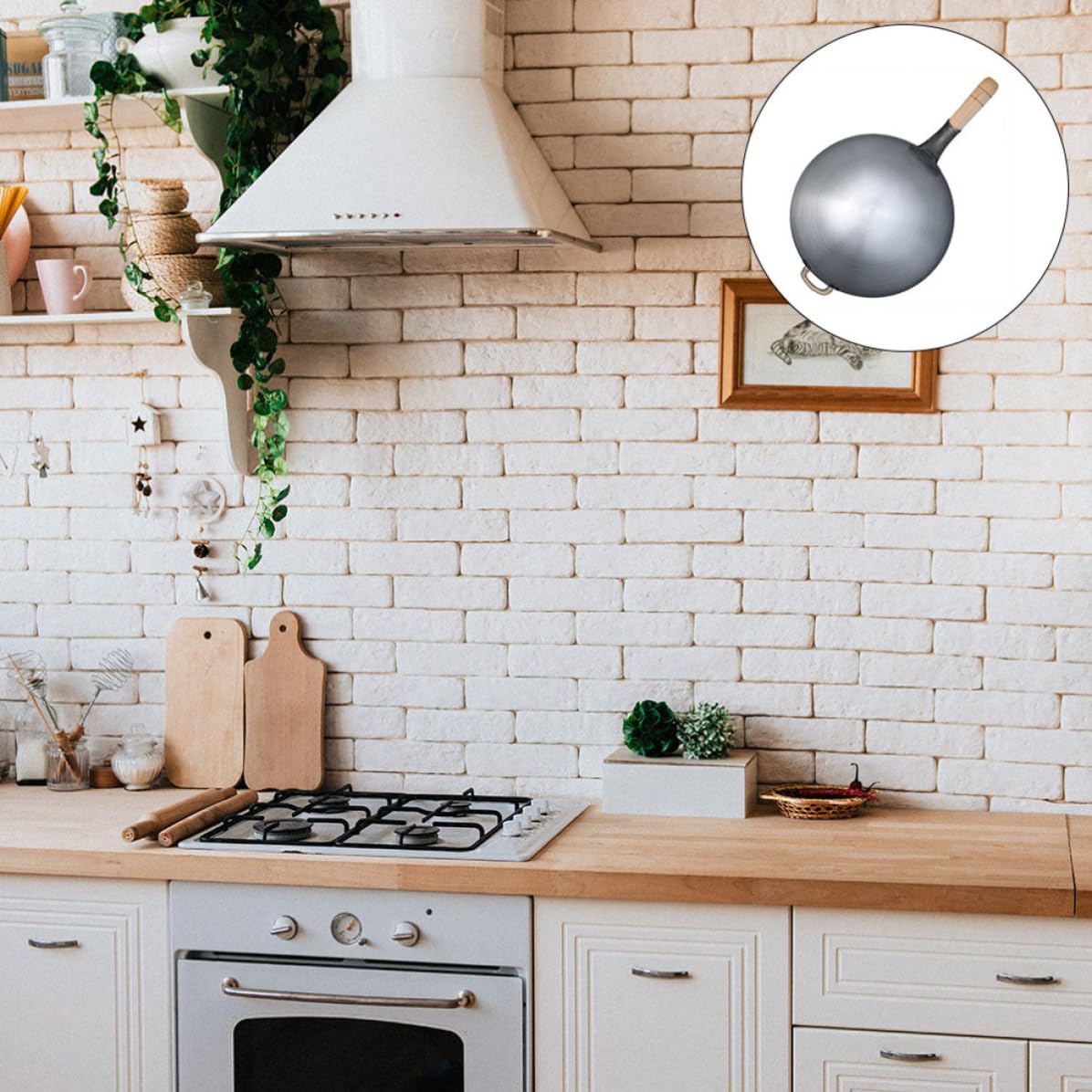 Padella Wok in Ferro Spesso Manico in Legno per Cucina