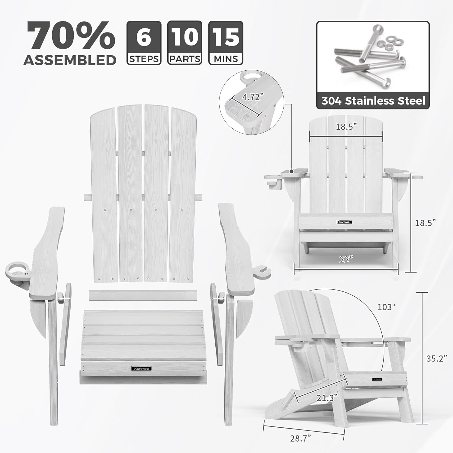 Folding Adirondack Chair Wood Texture 2 Pack, HDPE All-Weather Fire Pit Chairs, Plastic Adirondack Chairs with 2 Cup Holder, Outdoor Lawn Chair for Patio Garden (White)
