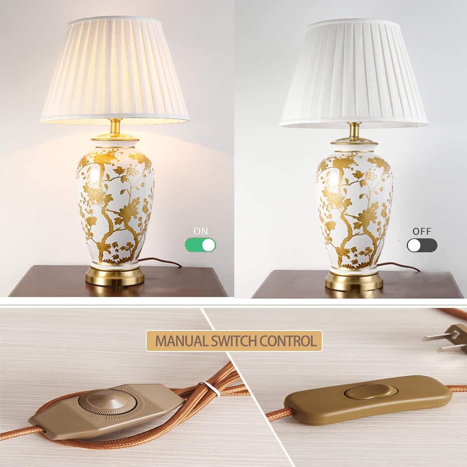 PURESILKS Chinoiserie Table Lamp White Ceramic Base Gold Floral Detailing Fabric Shade Bedside Desk Lighting for Living Room Bedroom Office