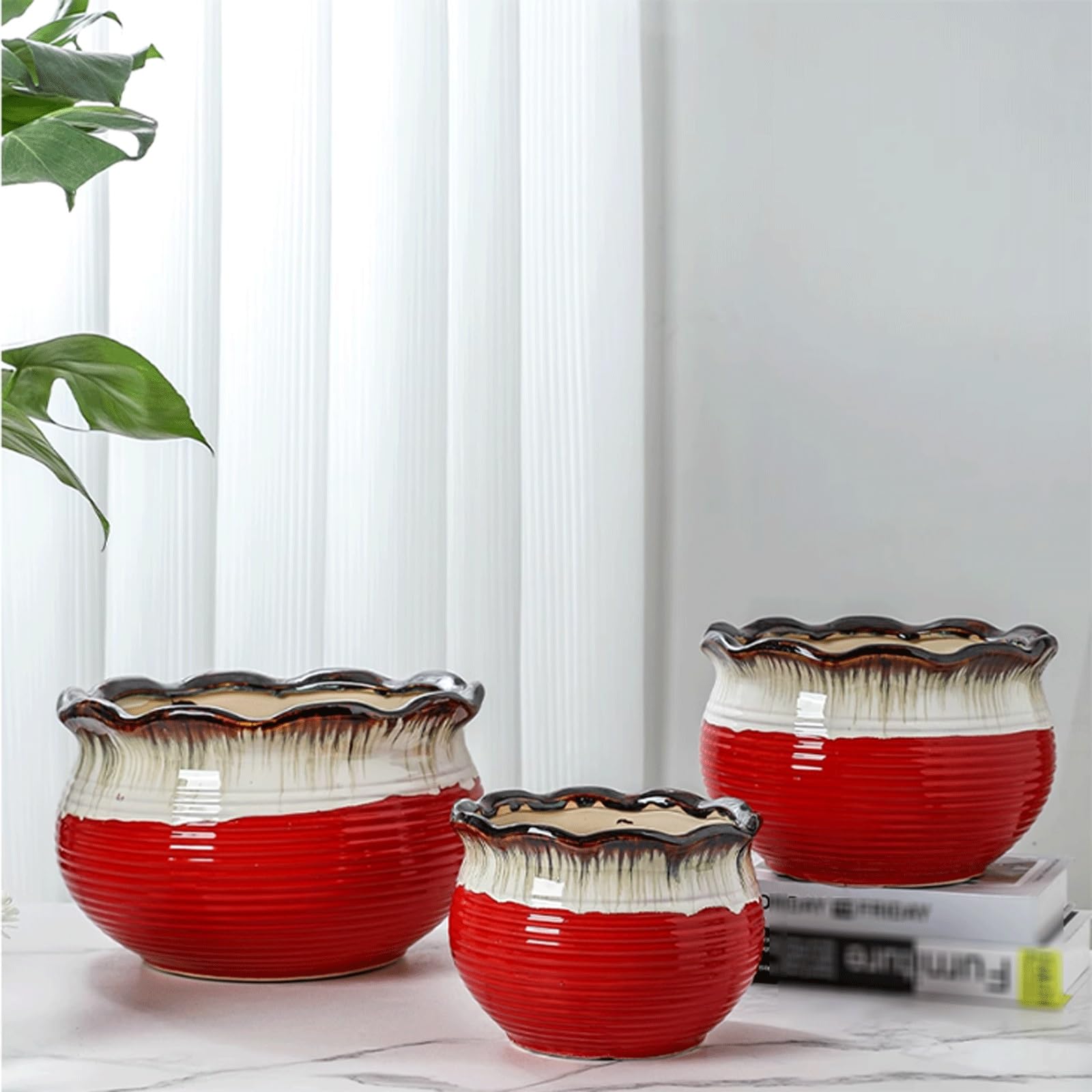 Dekoracyjna doniczka ceramiczna na rośliny doniczkowe, rustykalna donica z otworem drenażowym, wielokolorowa, kolorowa, płynąca glazura, doniczka na sukulenty na kaktusy, storczyki, patio (Rojo, L)