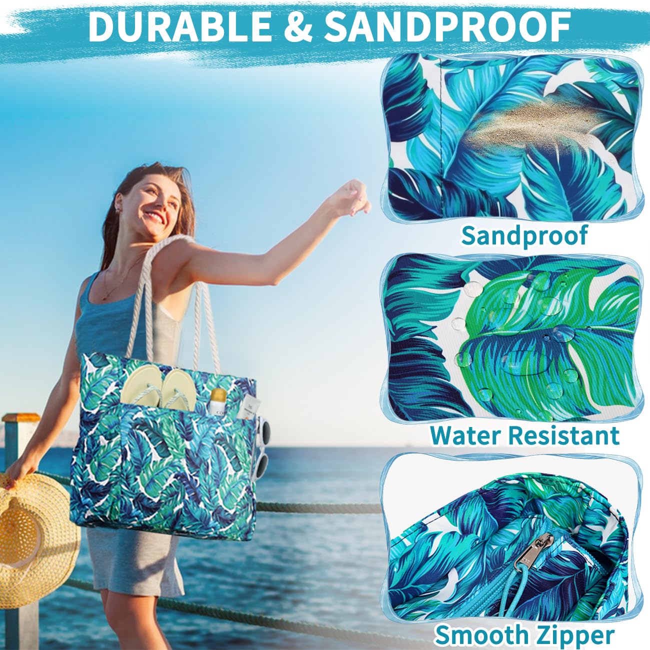RAVUO Sac De Plage,Oversize Sac Cabas Femme Avec Fermeture Éclair Résistant À L'eau Sac Fourre Tout Léger Famille Sac De Piscine Pour La Plage,Piscine,Gymnase,Voyage