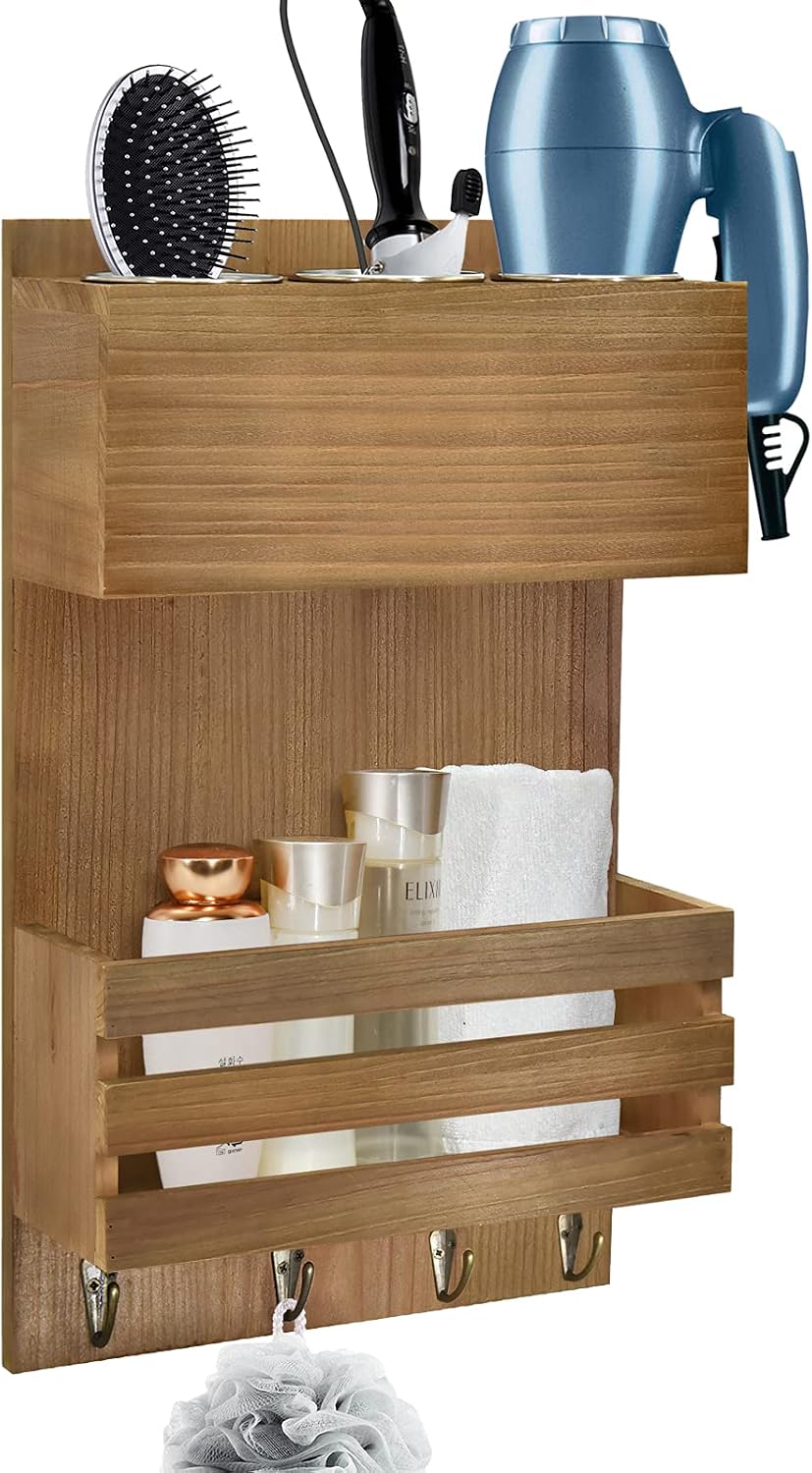 Y&ME YM Wood Hair Dryer Holder Wall Mount, Bathroom Hair Care and Styling Tool Organizer, Farmhouse Wood Beauty Hair Appliance Holder with Shelf for Bathroom Accessories, Makeup, Toiletries Brown