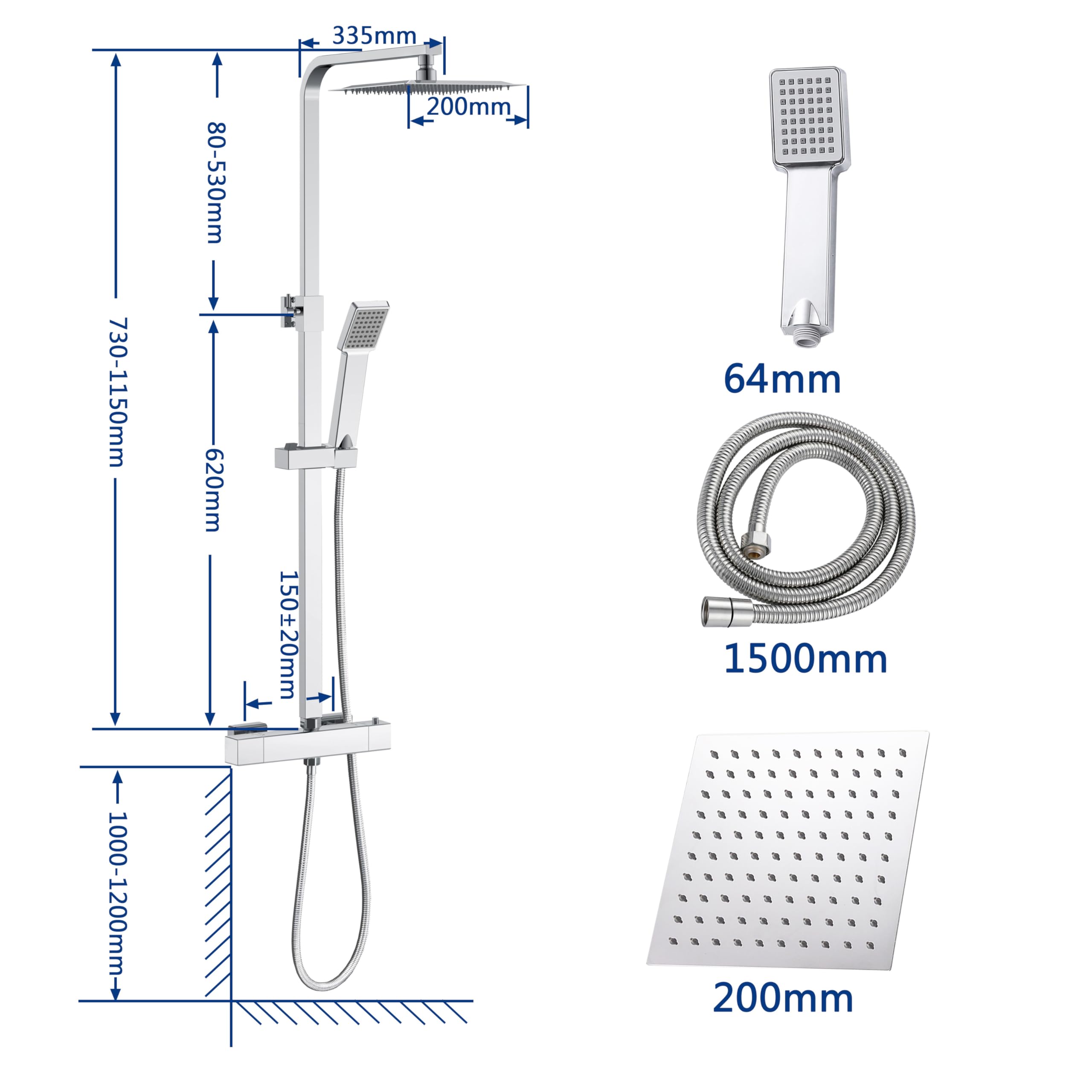 AICA Ensemble de Colonne de Douche Thermostatique pour Salle de Bain, Robinet de Douche Thermostatique, Laiton, Chromé, Hauteur Réglable 730 mm-1150 mm (Carré 3, argent)