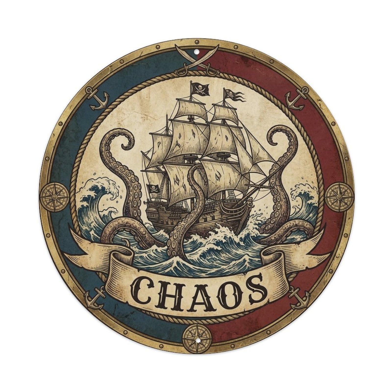 Chaos Pirate Ship Octopus Waves Storm Crest Metal Tin Sign