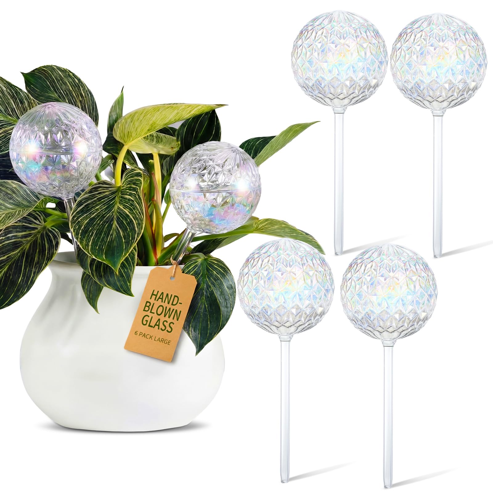 Thenshop Lot de 6 globes d'arrosage de plantes de 481,9 g - 2 semaines - Grand dispositif d'arrosage automatique - Ampoules en verre irisé avec accessoires complets - Irrigation goutte à goutte