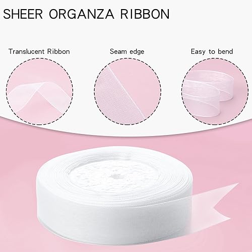 Miniatura 6 de Cinta de organza transparente de 1 pulgada, 50 yardas, cinta de gasa blanca para envolver regalos, decoración de Navidad, Halloween, ramo de boda y