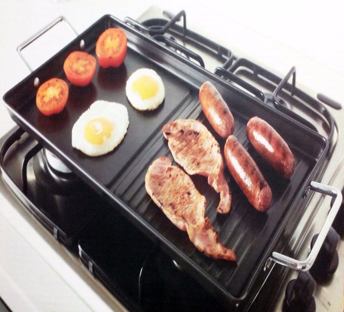 Dual Hob Top Griddle Plate Non Stick - 45 x 26 2.5 cm - Coating Carbon Steel With Chrome Handles