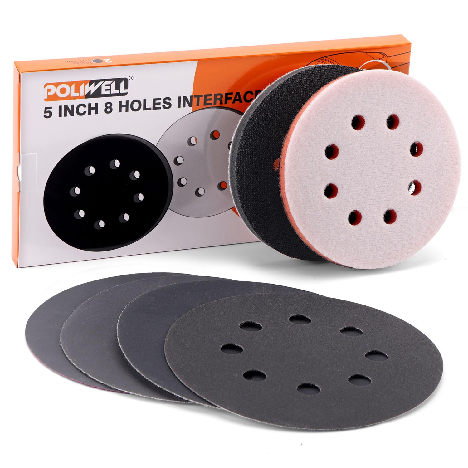 POLIWELL Orbital Sander Foam Pad,5 Inch 8 Hole Interface Pad Hook and Loop 2Pcs, Foam Sanding Pads Comes with Extra 4Pcs 5 Inch Sanding Discs,Flex