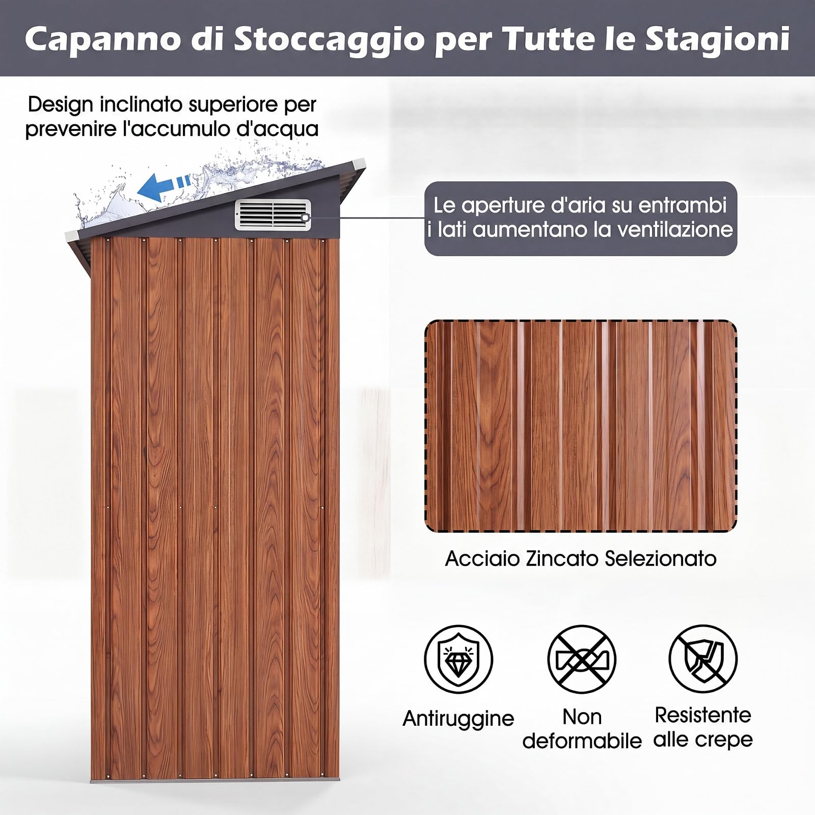 COSTWAY Armadio da Esterno in Metallo Zincato (Legno) | Capanno Giardino con Tetto Inclinato, Venti d'Aria e Porta con Chiusura, Casetta Porta Attrezzi da Cortile, Prato e Patio