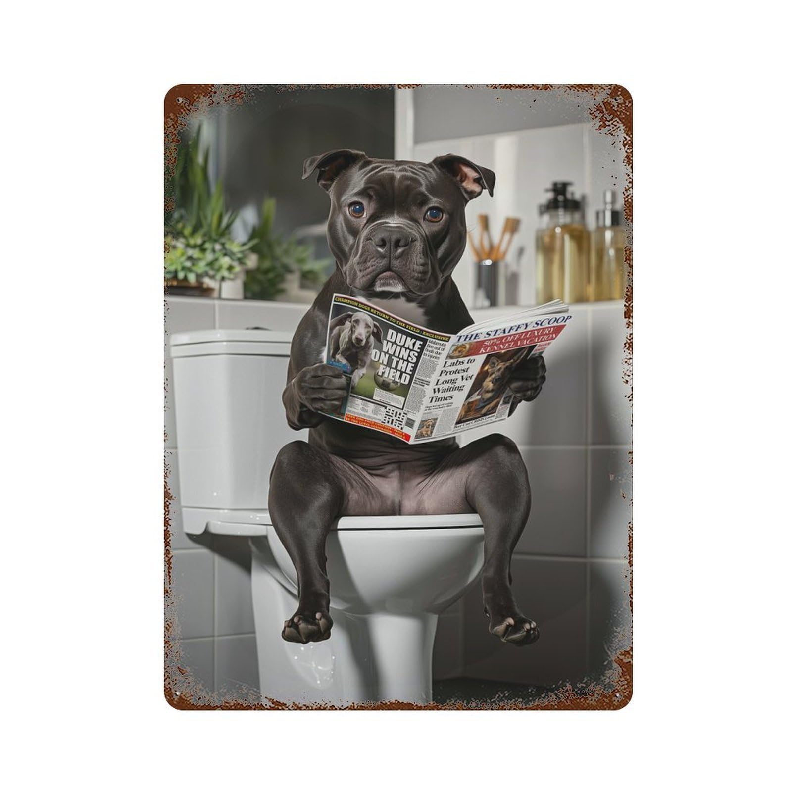 Rust Effect Staffordshire Terrier on The Toilet Reading Newspaper Vintage Rust Metal Sign 15.7"x11.8", Vintage Wall Decor for Garage, Bar And Workshop Decor