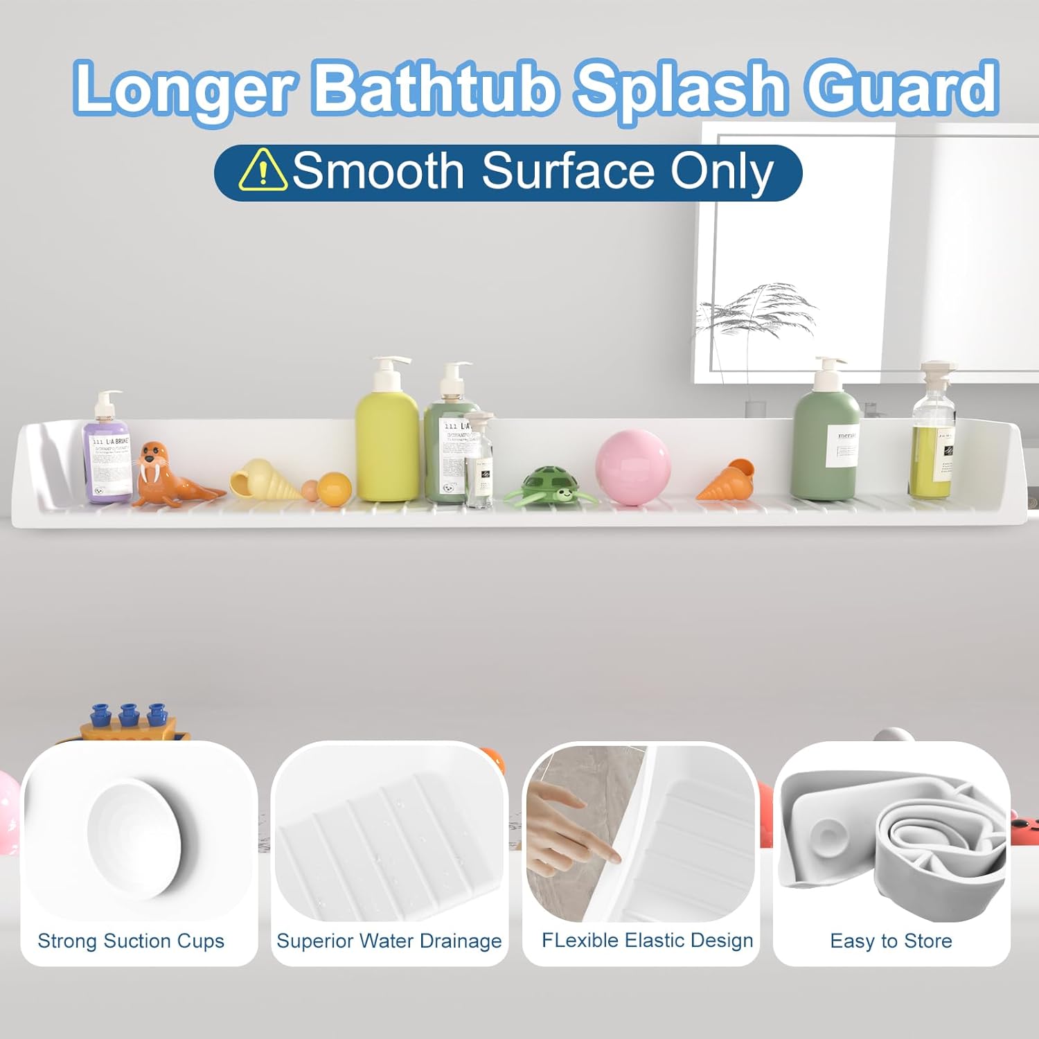 Tub Splash Guard for Kids,Bathtub Water Guard Play Shelf for Bathing, Toy Tray Caddy Holder for Tub, Silicone Splash Guard for Bathtub Prevent Water Spills in Bathroom (2.6FT, White)