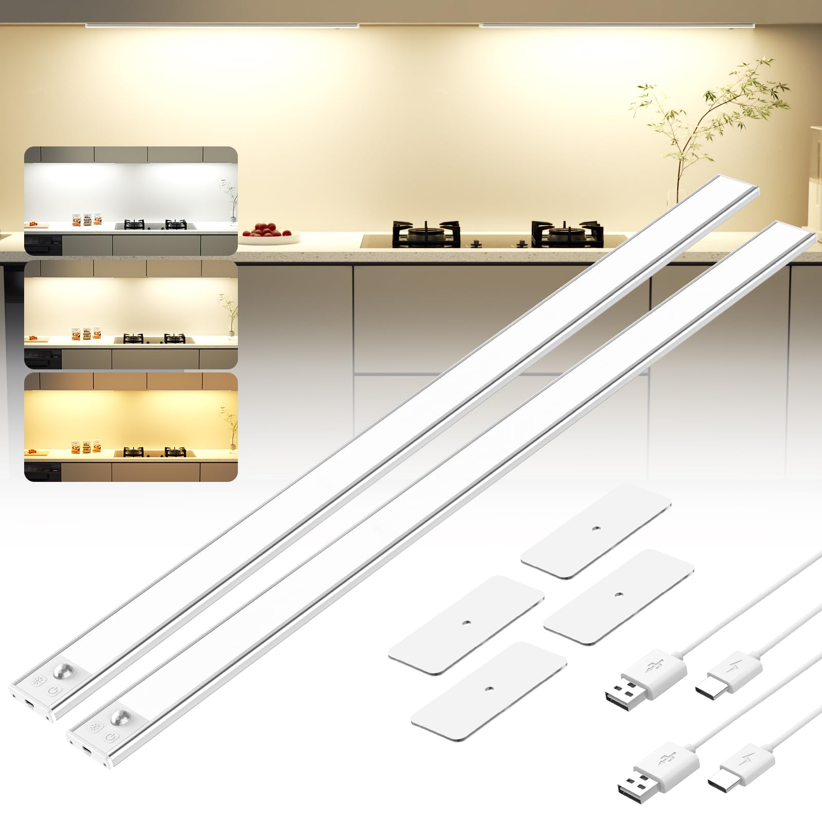 OUILA Unterbauleuchte Küche Led 60CM Schrankbeleuchtung mit Bewegungsmelder 3 Farben Dimmbar Schrankleuchte LED USB-C Wiederaufladbar Lichtleiste für Küche Kleiderschrank Treppe Schrank 2 Stück
