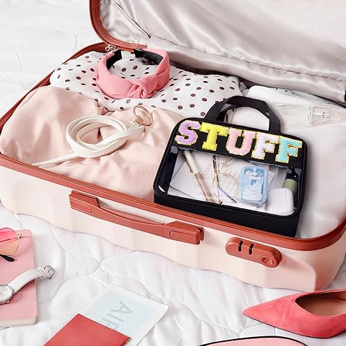 Miniatura 6 de Bolsa de maquillaje transparente con letras de chenilla, bolsa de cosméticos de preparación con cremallera, bolsa de cosas impermeable para