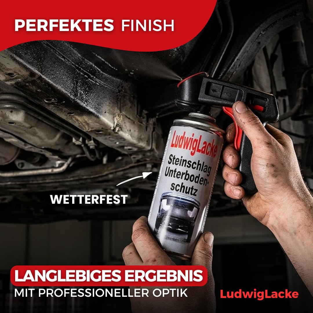 Ludwig Lacke® Unterbodenschutz Spray [6X 500 ml] inkl. Pistolengriff für Dosen – Steinschlagschutz & Rostschutz UBS – überlackierbare Unterboden Versiegelung - Bitumen Spray