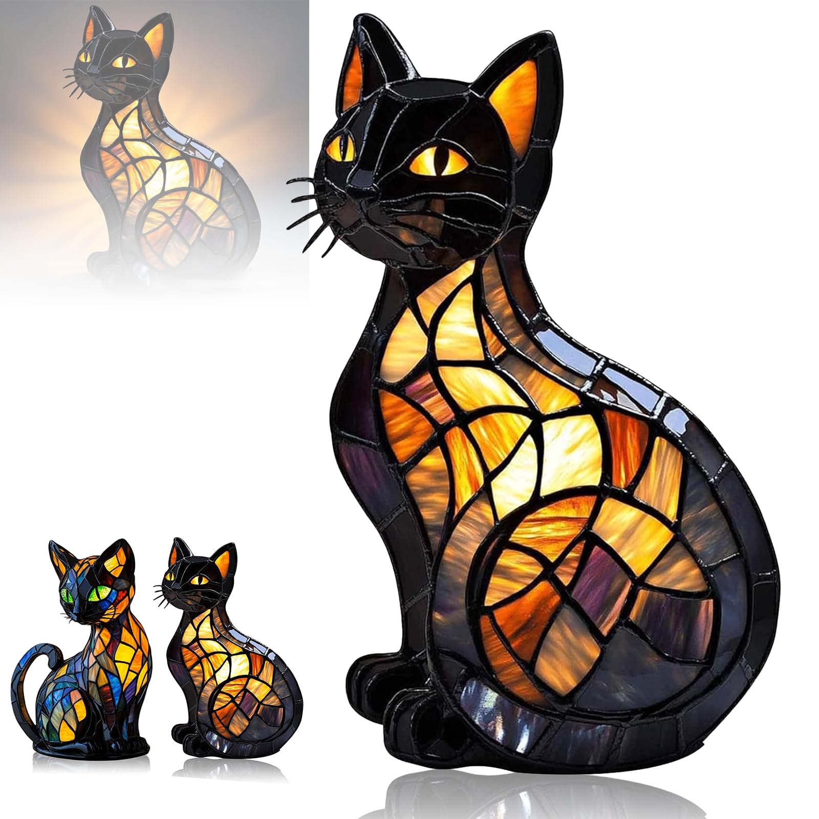 Solymall Glowkitty, Solymall cat lamp stained glass, Retro Cat Stained Resin Tabletop Night Light, 3D Cute Pet Led Table Light, for Cats Lovers (B 1PCS)