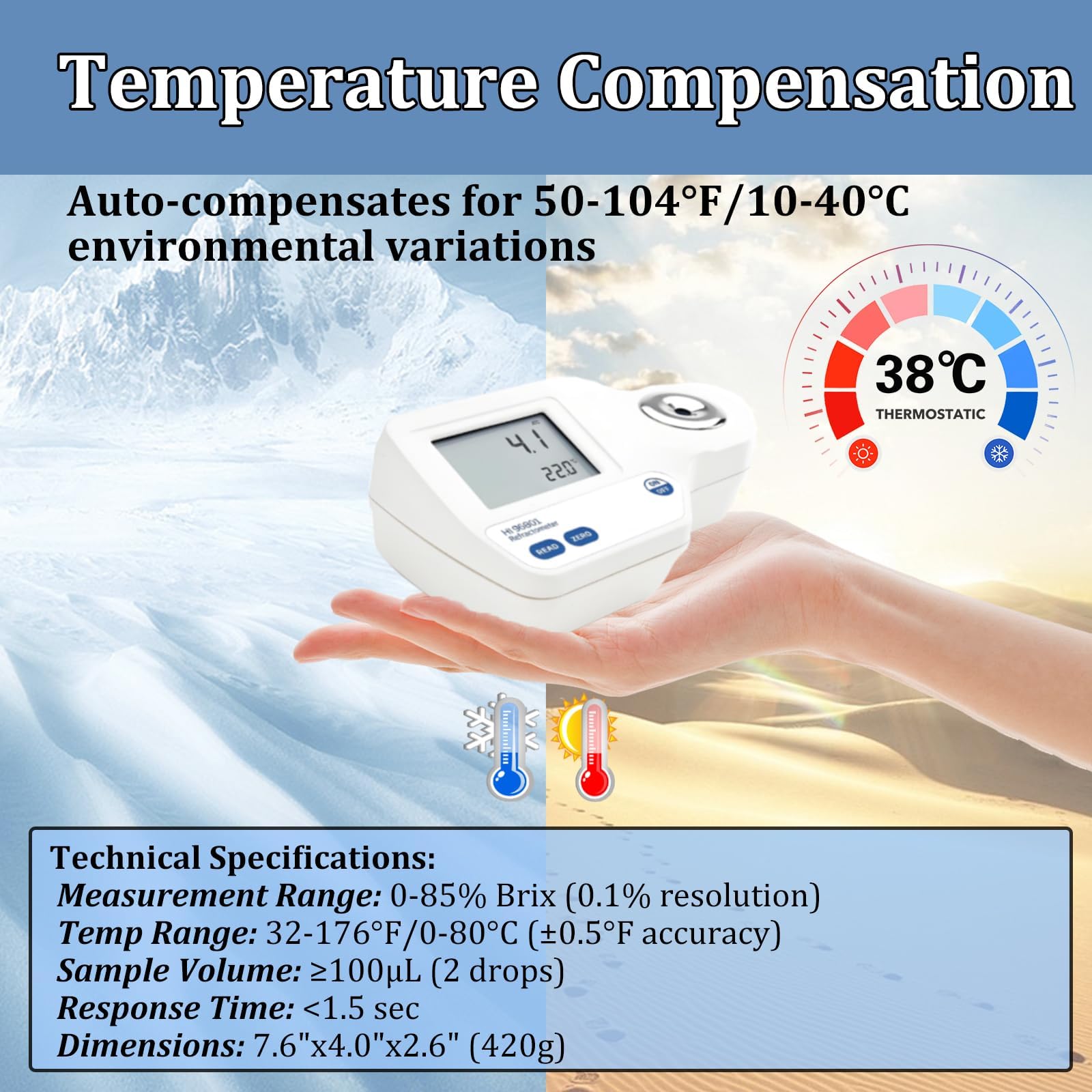 Rifrattometro digitale con ATC, impermeabile IP65, precisione ± 0,1% per miele, succo, marmellata, vino, custodia portatile, campione a 2 cadute, sensore di temperatura