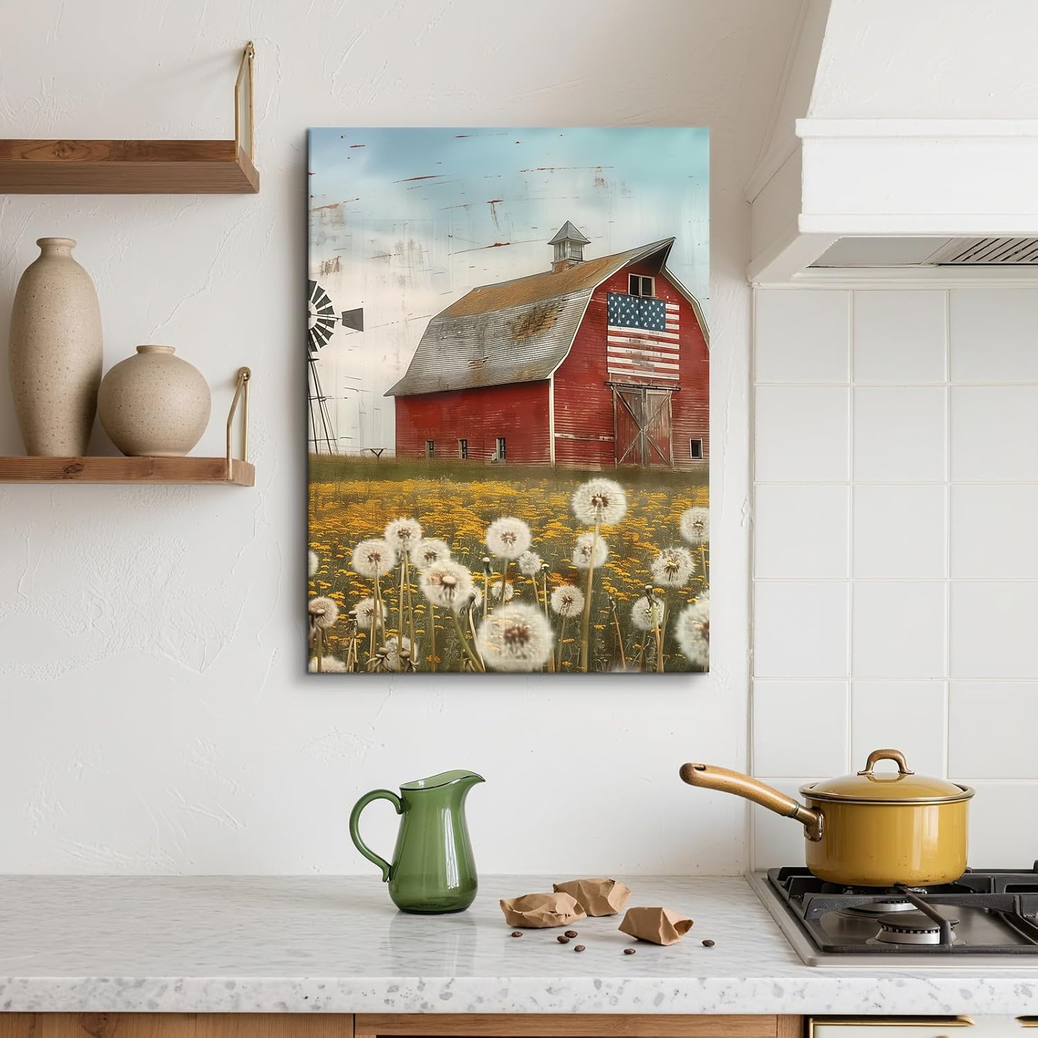 Craftline - Rural Farmhouse Red Barn Canvas Wall Art Rustic Flag with Windmill Dandelion Wildflower Field Paintings Prints Country Farmhouse Framed Artwork for Home Decor 12x16inch