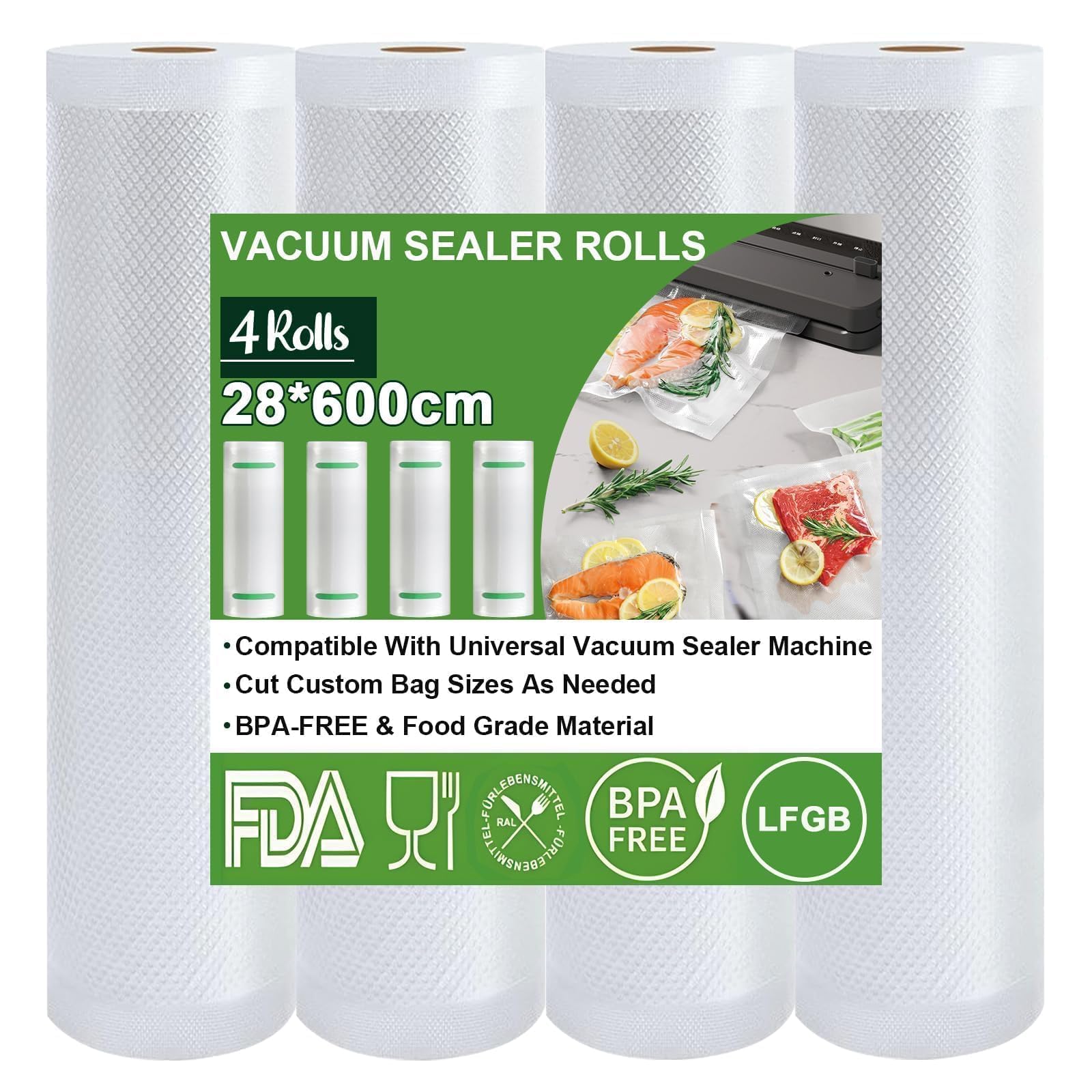 Omtofo Vacuum Sealer Bags, 4 Rolls Vacuum Film, 28 x 600 cm Vacuum Bags, Food, BPA-Free, Tear-Resistant, 150 µm, Vacuum Film Roll for All Vacuum Sealers, Microwaves and Sous Vide