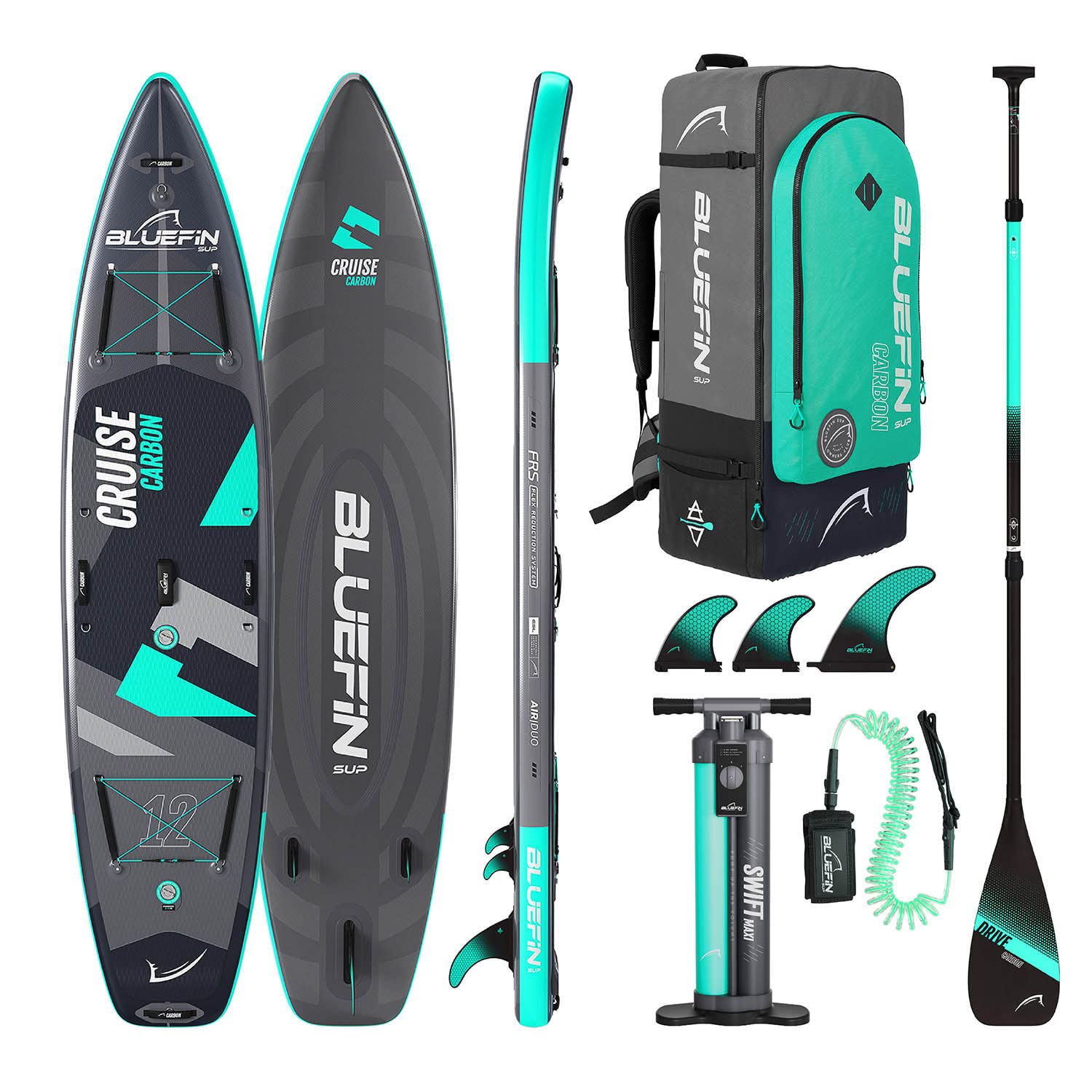 Bluefin SUP Aufblasbares Stand Up Paddle Board | Cruise Carbon SUP Board | Mit weiteren Zubehörteilen wie Pumpe, Tragetasche und Paddel | Mehrere Größen: 10'8, 12'