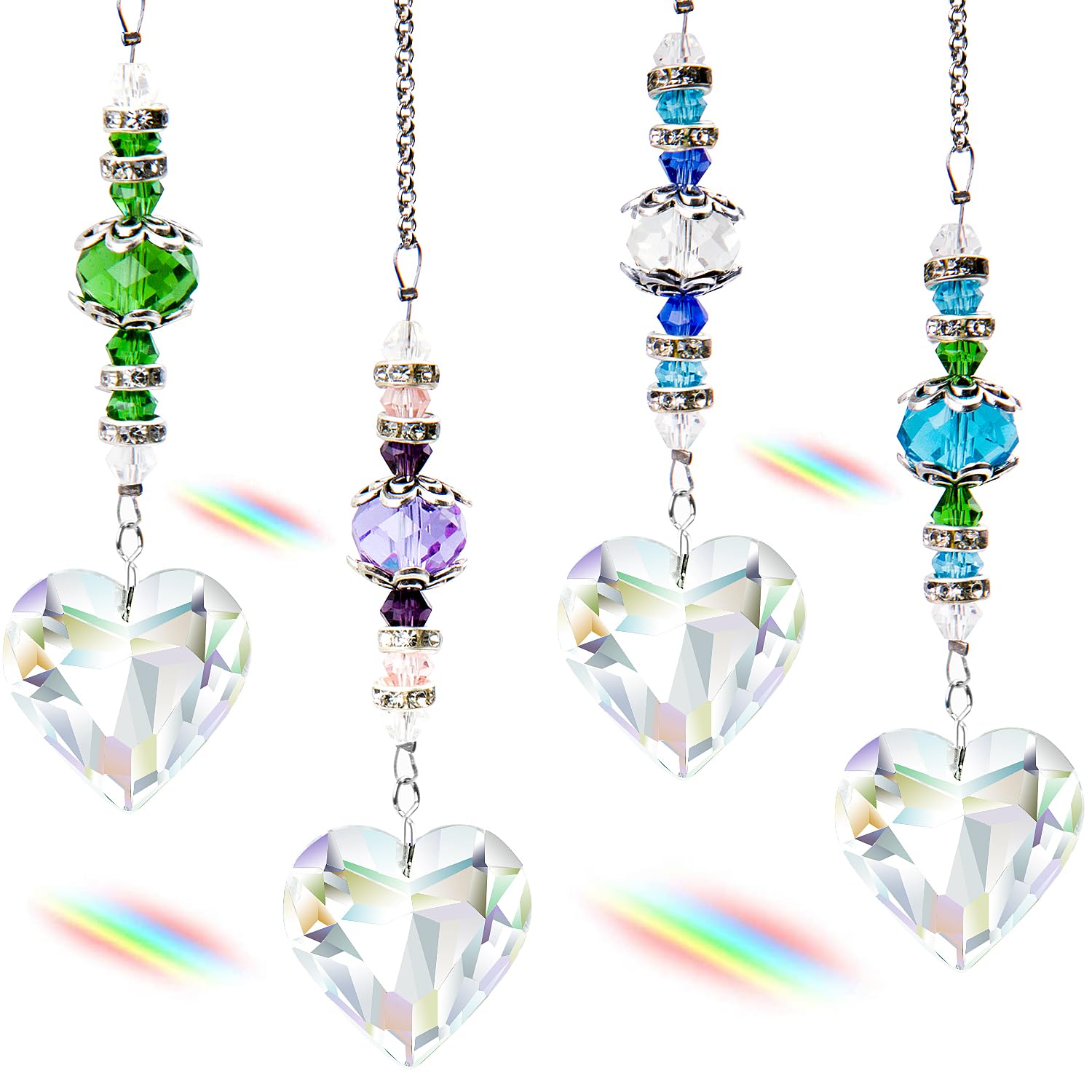 4pcs Crystal Suncatcher, Clear Heart Crystal Sun Catcher Hanging Rainbow Prisms Ball with Chain for Indoor Window Chandelier Garden Home Wedding Christmas Valentines Day Decor (Heart Shape)