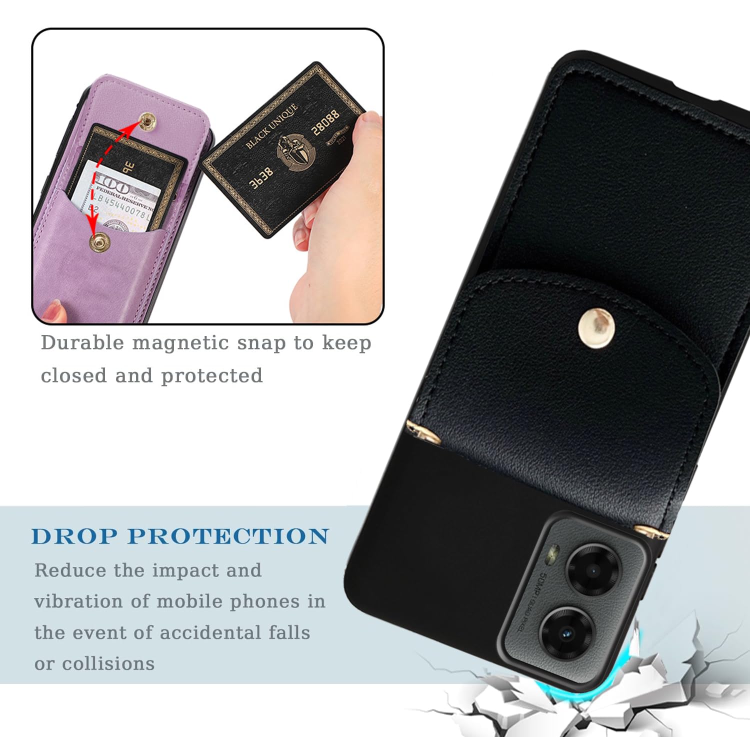 Tuxiwei for Moto G 5G 2024 Case, Moto G 5G 2024 Case Wallet Back with Card Holder, Shockproof PU Leather Case | Crossbody Adjustable Detachable Lanyard Hands Free | Stand with Magnetic Closure -Black