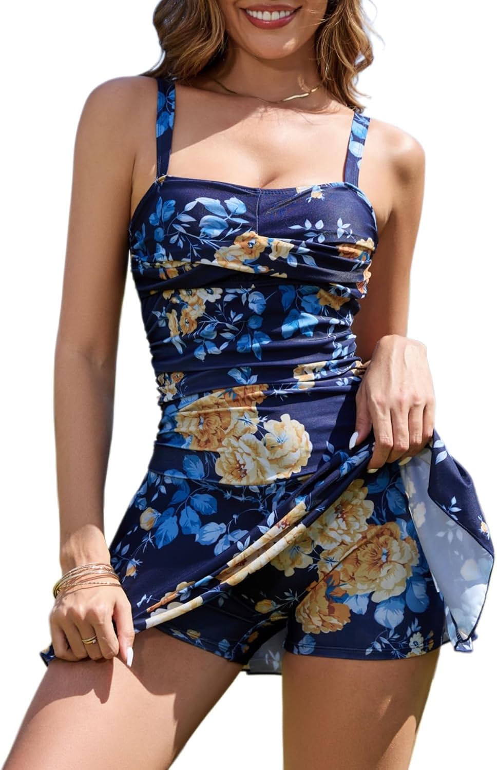 Women Tummy Control Padded One Piece Swim Dress Ruched Skirt Bathing Suit Adjustable Strap Eelegant Swimwear