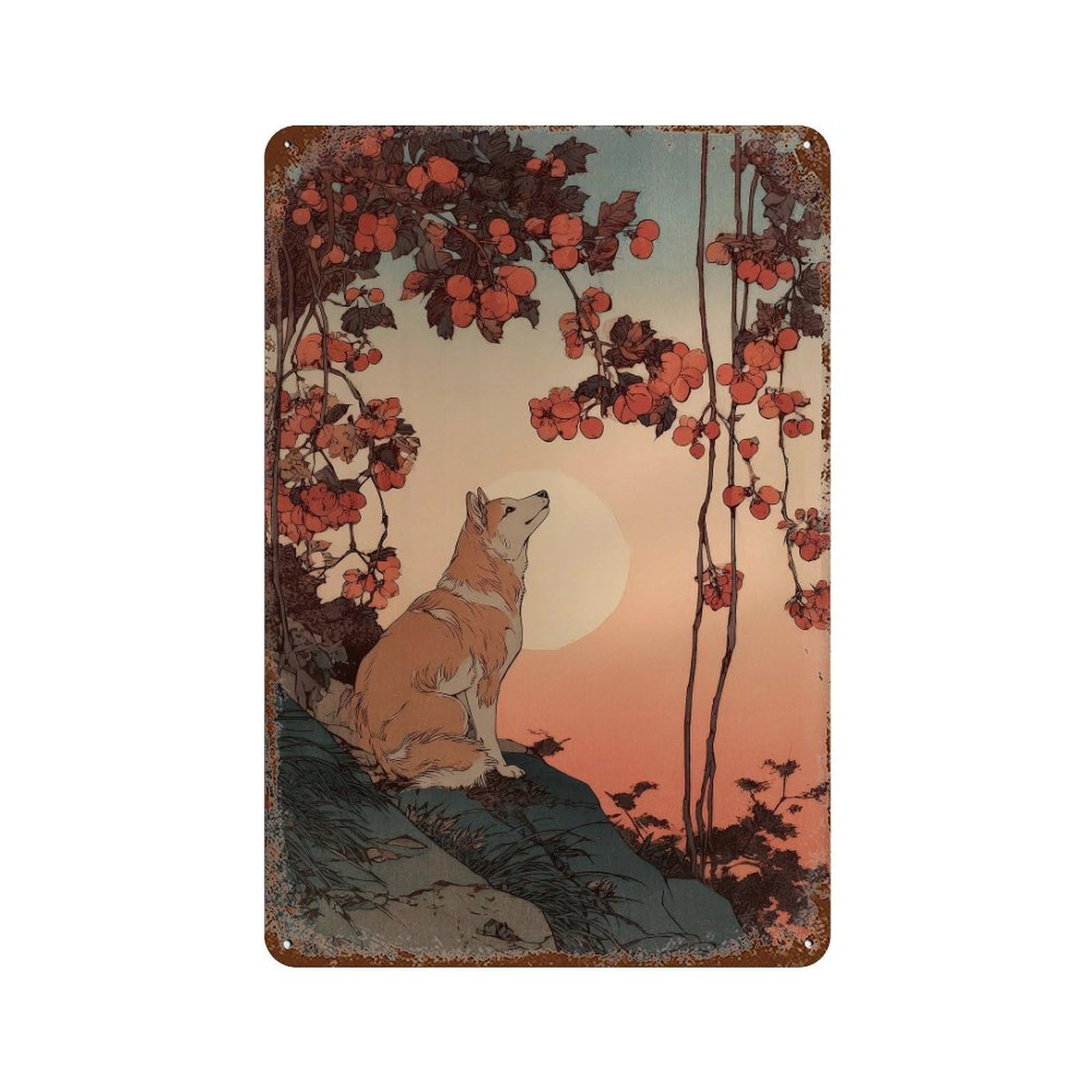 xiaoxiaoshen Dog And Floral Sunset. Japanese Ukiyo Wall Decor Art Metal Tin Poster Modern Home Decor Art Home Bar Shop Decorations Vintage Sign 30x20cm