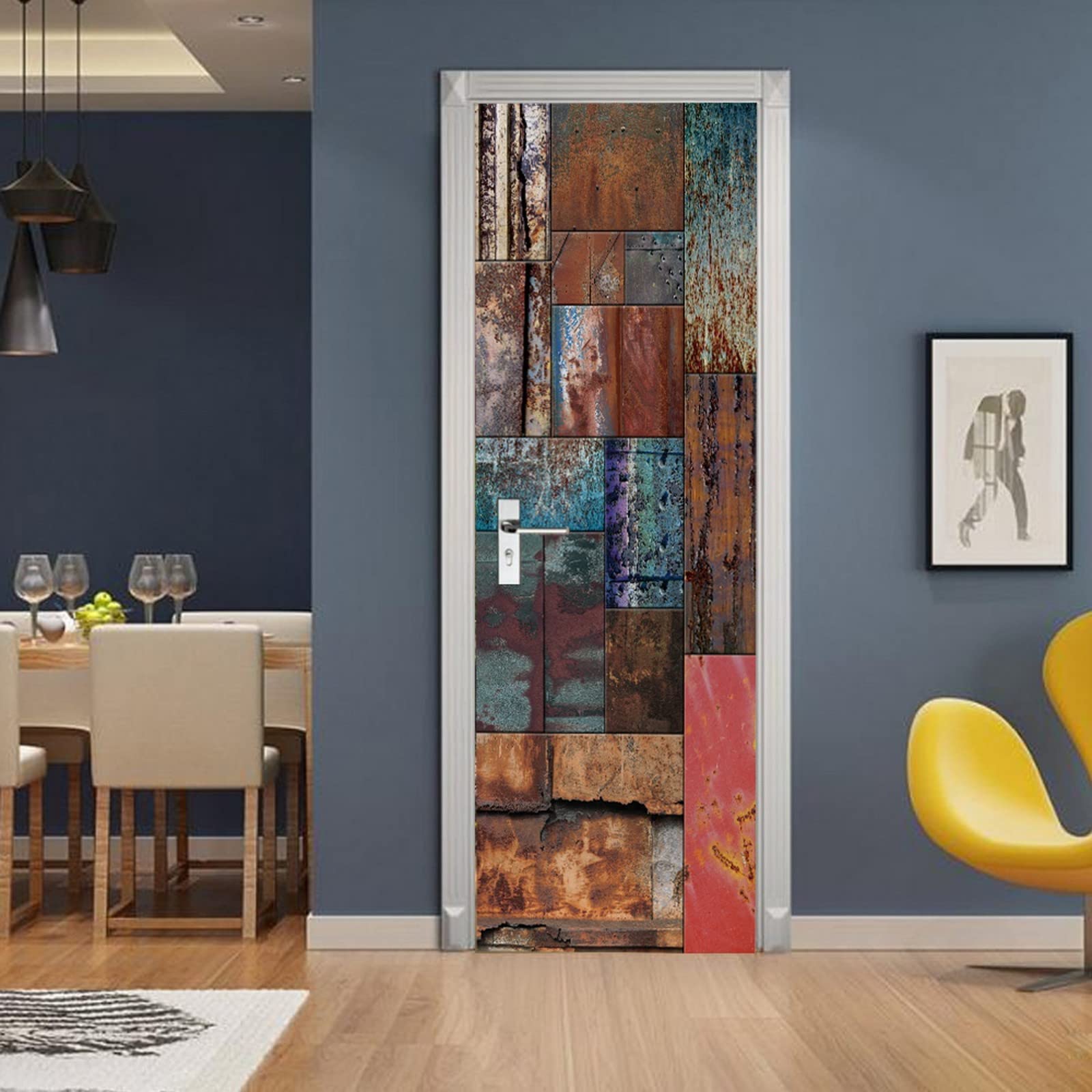 A.Monamour Adesivo Porta Autoadesiva 3D Fondo Rustico Della Parete Della Vernice Variopinta Della Porta Del Metallo Del Grunge Vinile PVC Adesivi per Porte Interne Pellicola Poster Sticker Parete