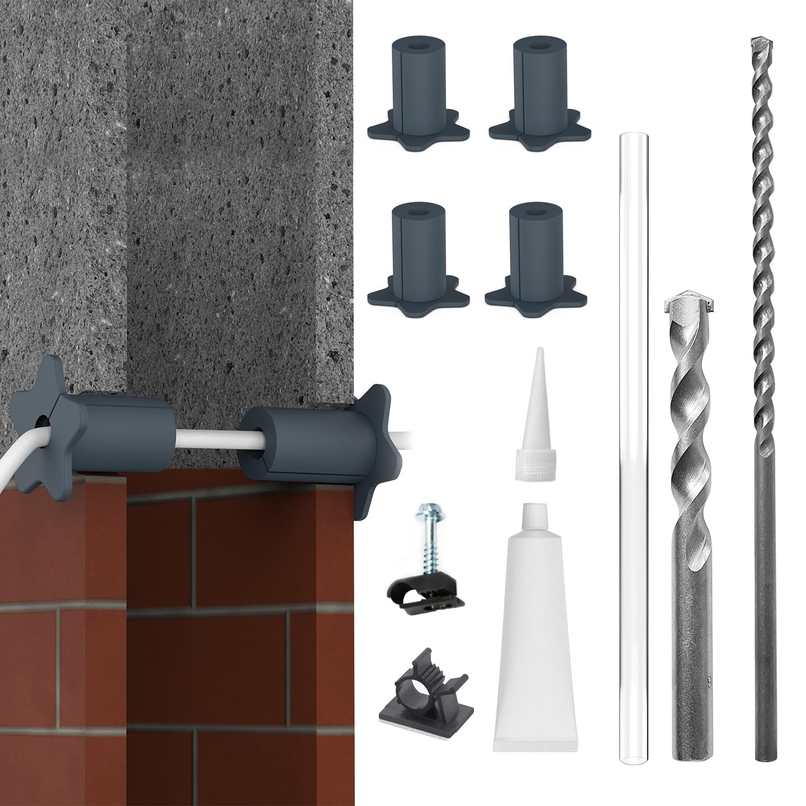 4PCS 5/8” Starlink Wall Grommets Cable Routing kit Accessories for Cables Pass Through with 5/8" Spade Drill bit,50 Wall Wires cilps Special Design for Concrete and Brick Wall (Grey)