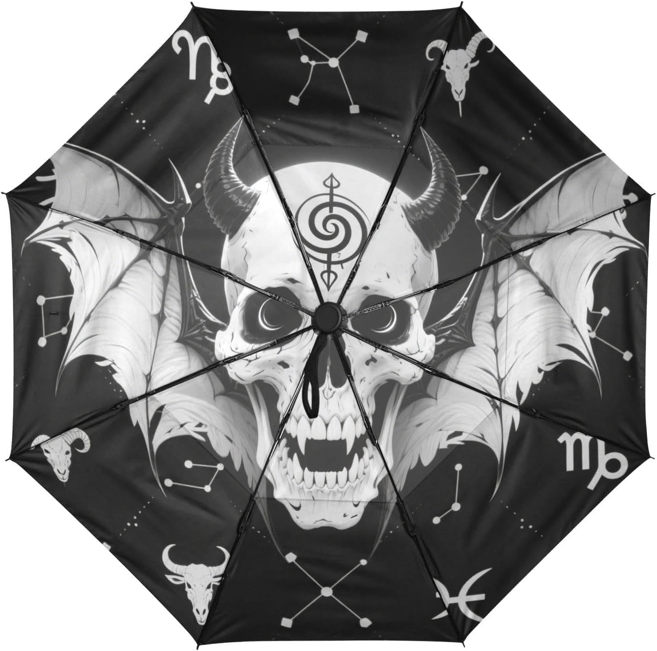 Trendy Black and White Skull Constellation Wind Proof Umbrella Folding Umbrellas for College Fits Car