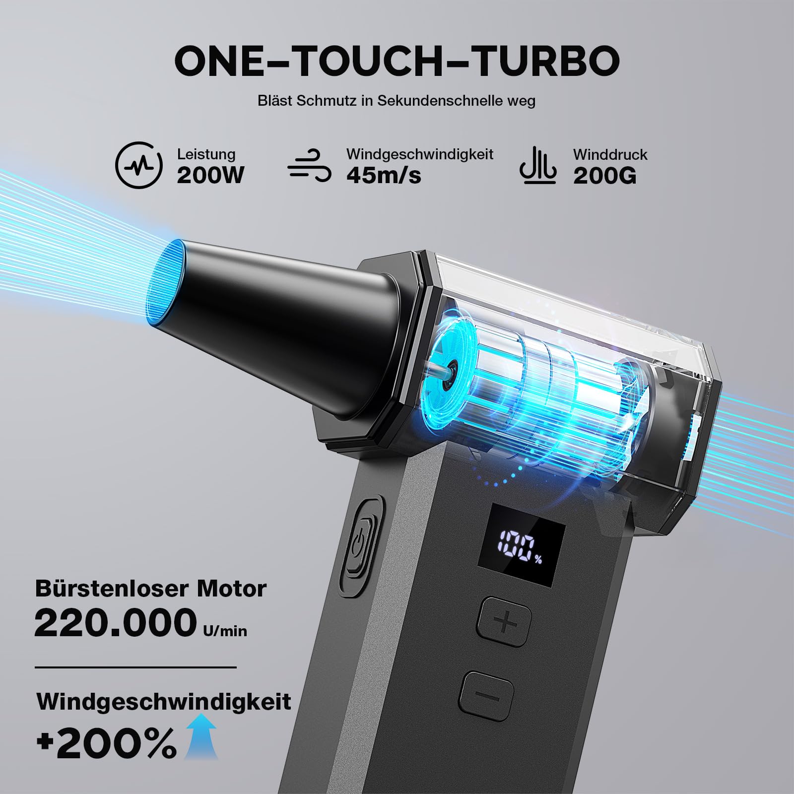 MECO ELEVERDE Elektrische Staubgebläse, 220.000 U/Min, 100-Gang mit LED-Display Akku Air Duster, Druckluftspray Dust Blower für PC Reinigungs Auto und Outdoor
