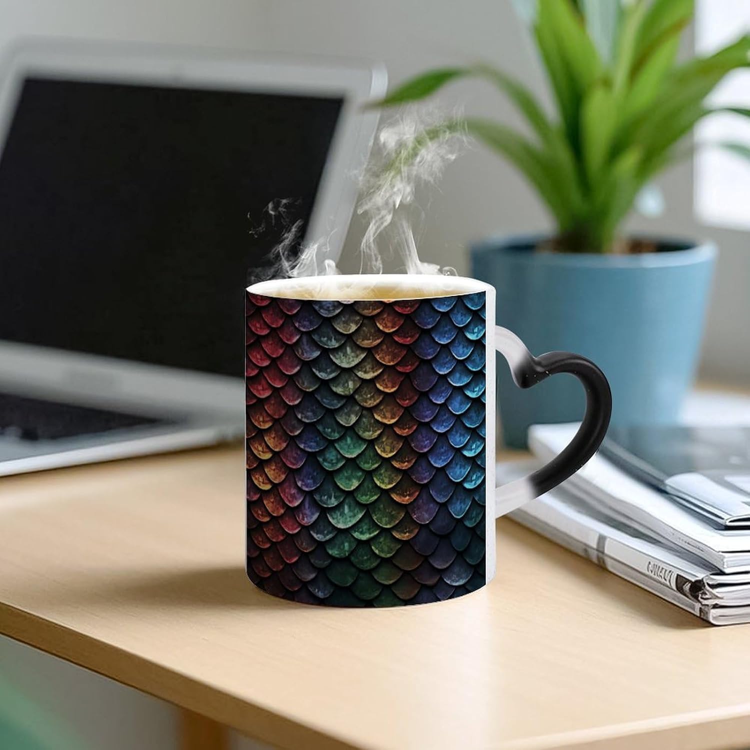 Dragon Scale Color Changing Mug Heart-Shaped Handle Mugs Fashionable Tea Cup Coffee Cup Popular Tumbler And Cups For Office Workers Mug & Unique Gift Giving Teacup image 5