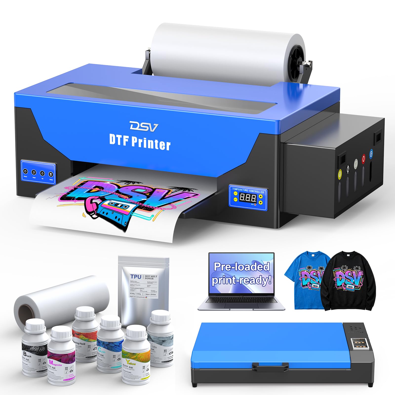 DSV DTF Printer A3 Roll L1800 Transfer Printing Machine,High-Speed Print for Fabrics,13” Wide DTF Bundles,White Ink Circulation &amp; Auto-Cleaning, 2-Year Free Ink (Blue, Printer+Oven+Computer)