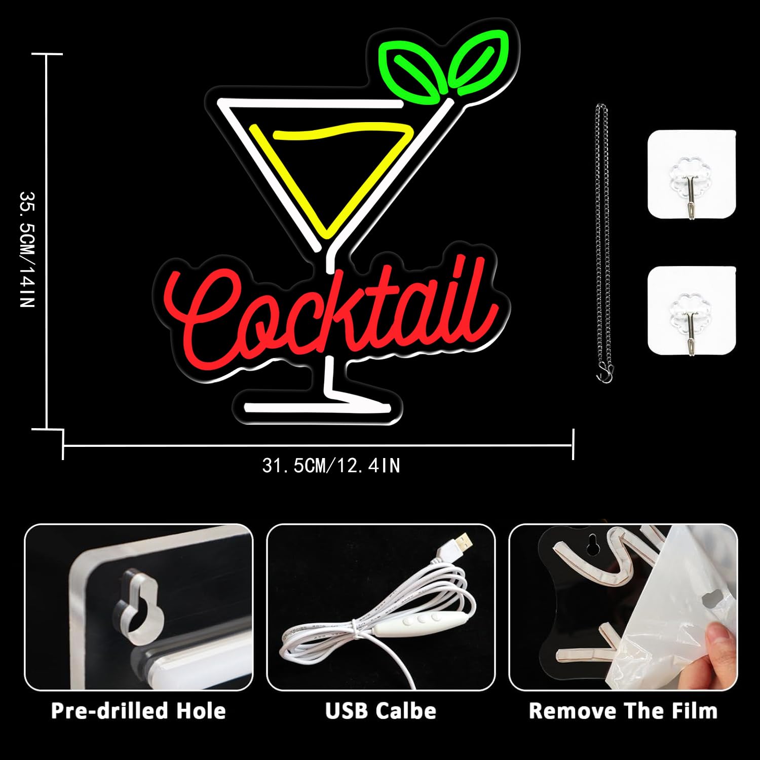 UExnkj-Y Cocktail Neon Sign Bar Signs USB Powered with dimmable Switch LED neon Light, Suitable for Cocktail bar Club, Party - Image 2