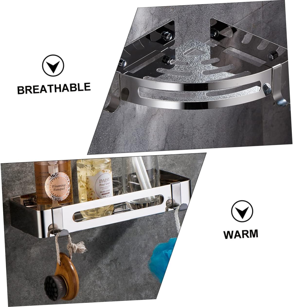 2Pcs Bathroom Shelf No Drill Corner Storage Rack with Hooks Modern Minimalist Design for Kitchen Bathroom High Load Bearing Tripod