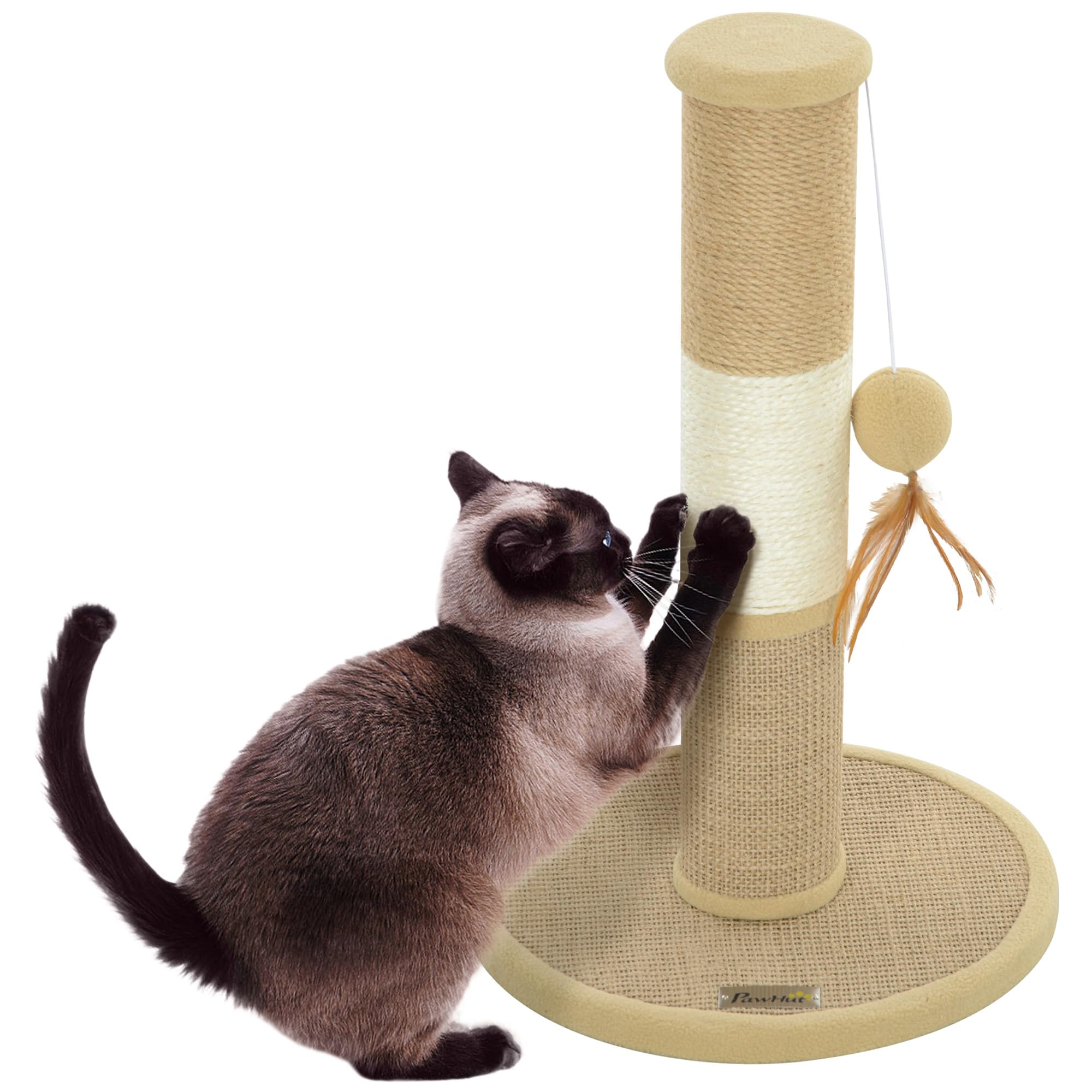 PawHut Cat Scratching Post for Indoor Cats, 47cm Tall Cat Scratcher with Jute Sisal Rope, Hessian fabric, Hanging Toy Ball, Feather, Kitty Climbing Tree with Anti-slip Base, Brown