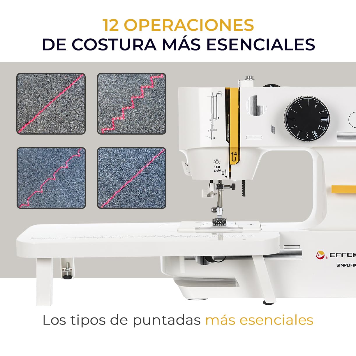 Máquina de Coser Mini Compacta EFFEKTIV 15 Puntadas, 27 × 30 cm, Estructura Metálica, Lanzadera Horizontal, Enhebrador Automático, Para Todo Tipo de Telas, Mesa Extensible