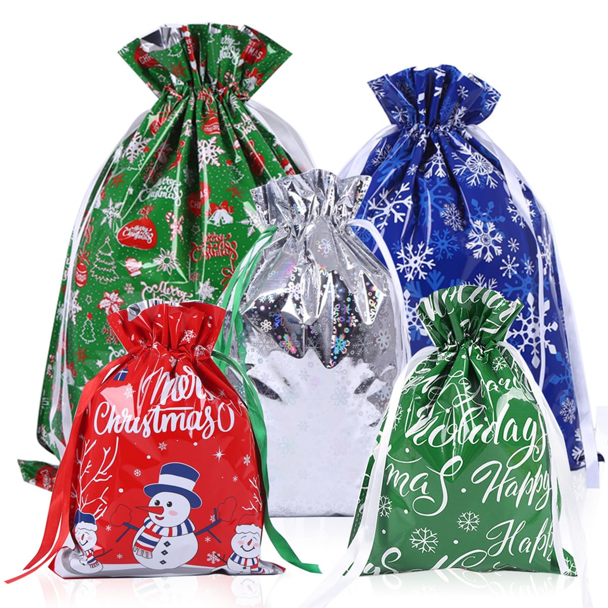 Christmas Drawstring Gift Wrapping Bags: 5pcs 5 Different Designs and 4 ...