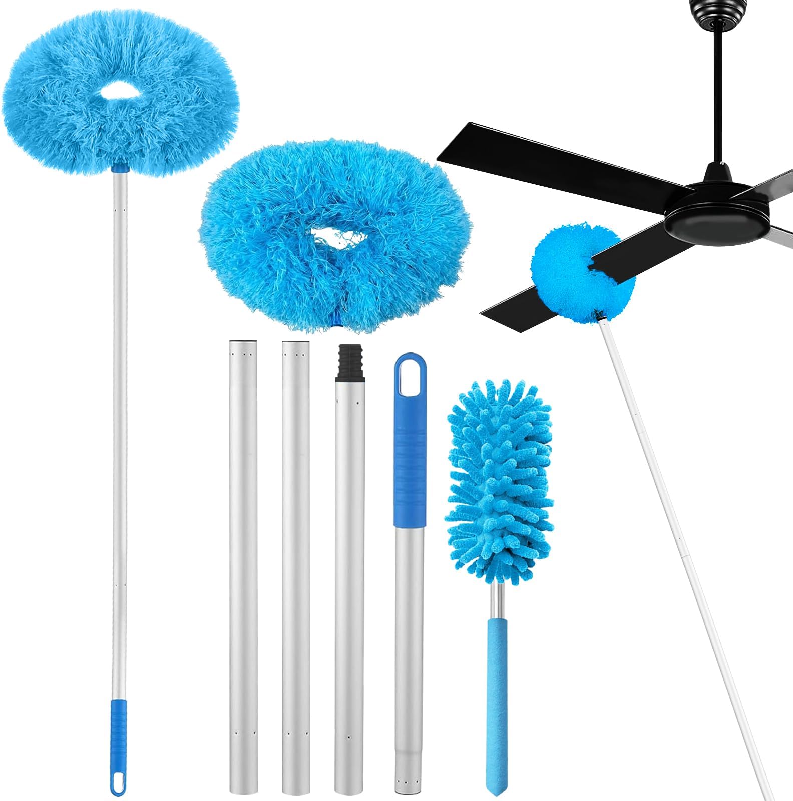 Ceiling Fan Cleaner Duster,Extra Long Dusters with Extension Pole 47 inch for Cleaning, Circle Shape Microfiber Reusable Duster & Flexible Brush, Ceiling Fan Duster for High Ceilings, Furniture (Blue)
