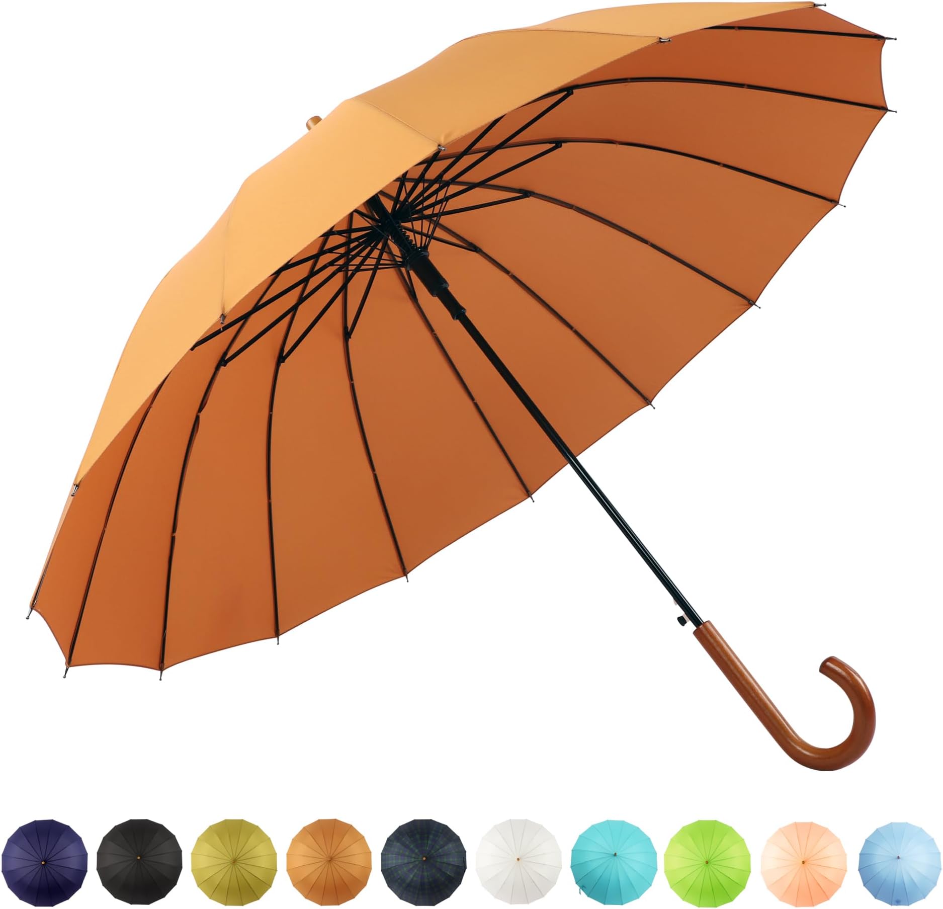 16 Ribs 48" Stick Umbrella Auto Open Solid Color Fashionable and Simple，Arc Classic Wood Handle，Windproof Unbreakable Stick Rain Umbrella