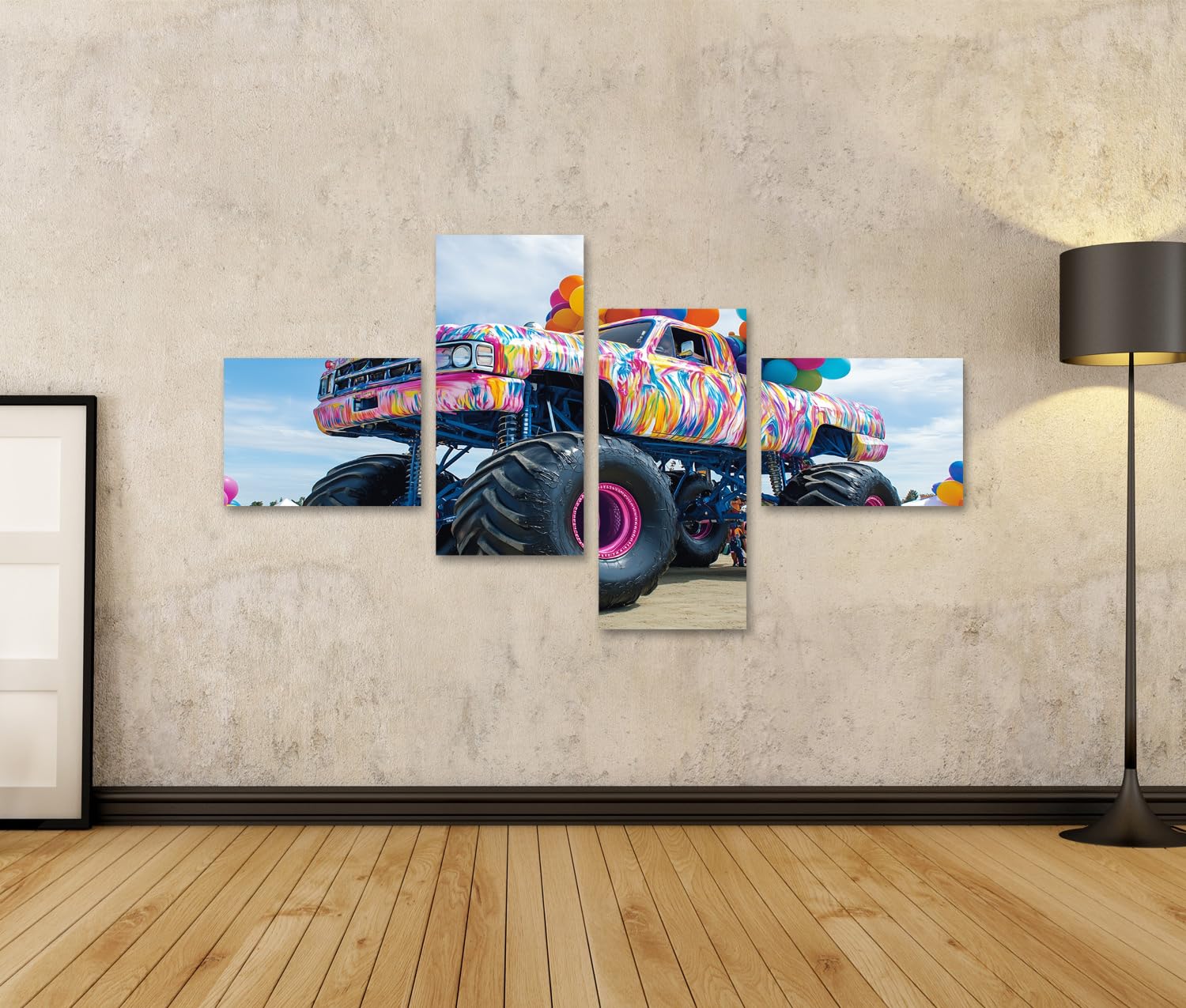 islandburner Quadro su tela colorato Mostro truck Festival con palloncini e quantità immagini murali poster