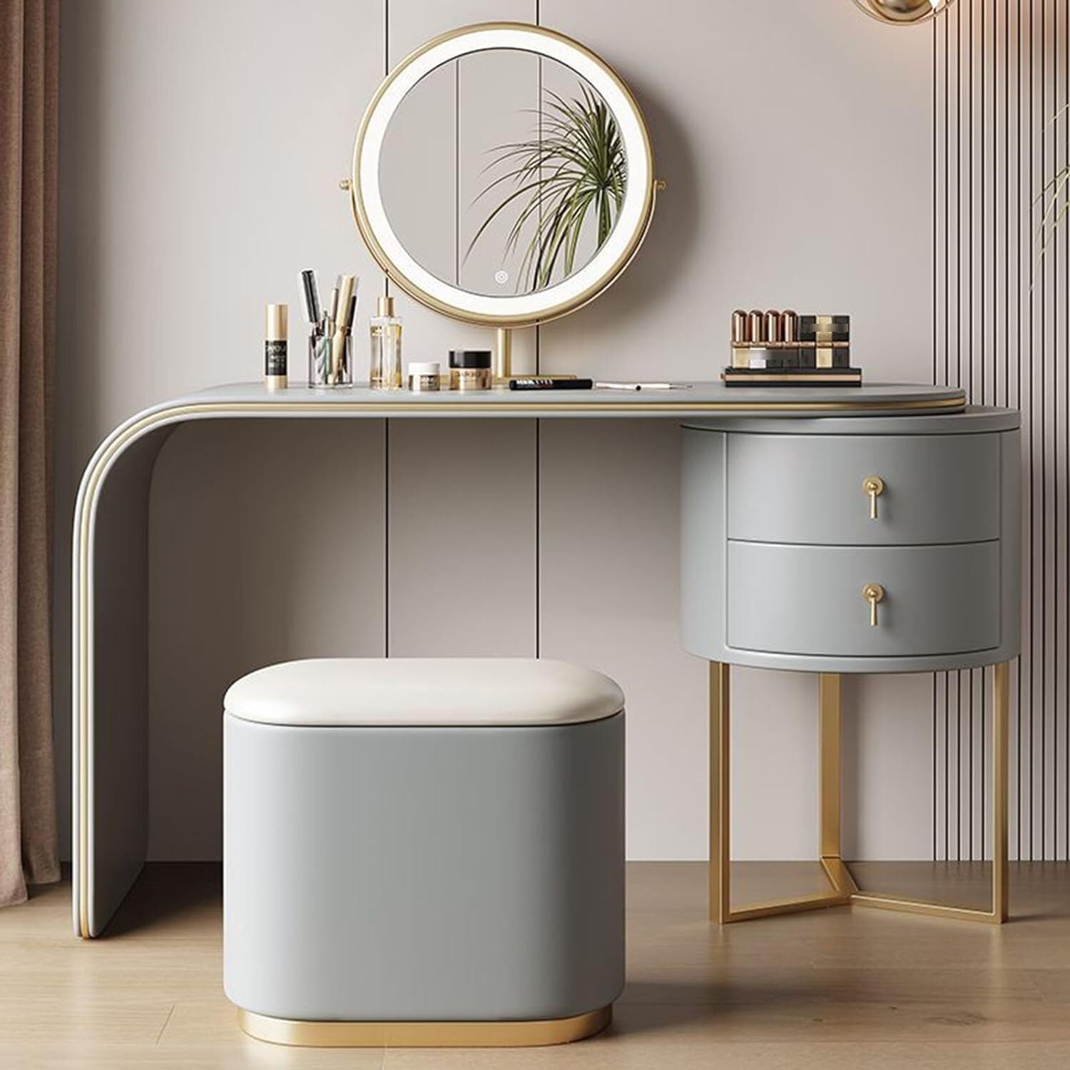 asdchZen Modern Makeup Desk Set With 360°Rotatable Mirror 3 Lighting Modes Adjustable Brightness 2 Drawers-Stylish Bedroom Vanity Table For Beauty And Nizing,Grey-120