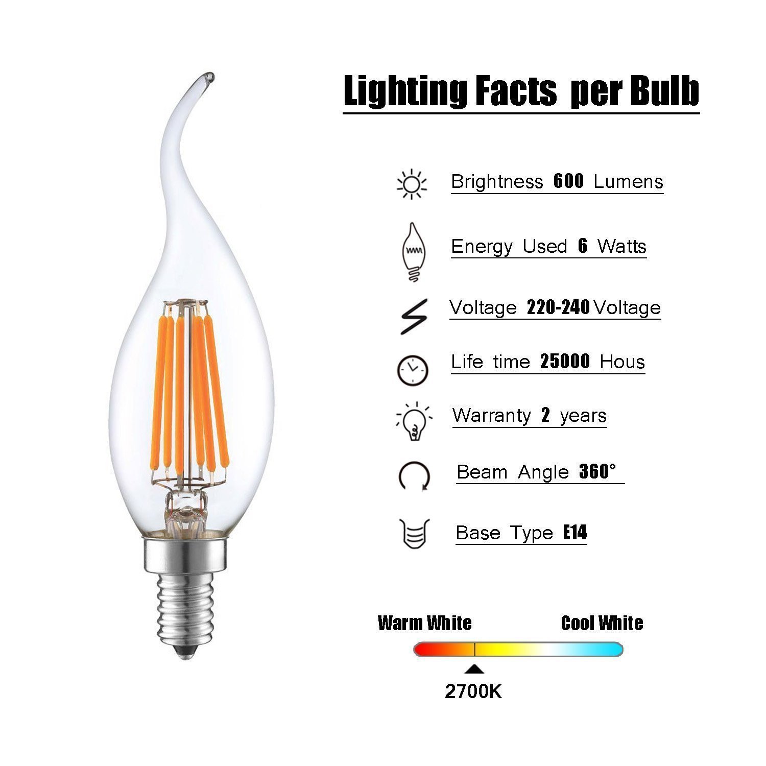 Ampoule à bougies LED Filament, 6W Vintage Antique Edison C35 E14 Forme à la flamme Bent Pointe Ampoule en verre transparent,60W Incandescent Equivalent,Blanc Chaud 2700K [Pack 9]
